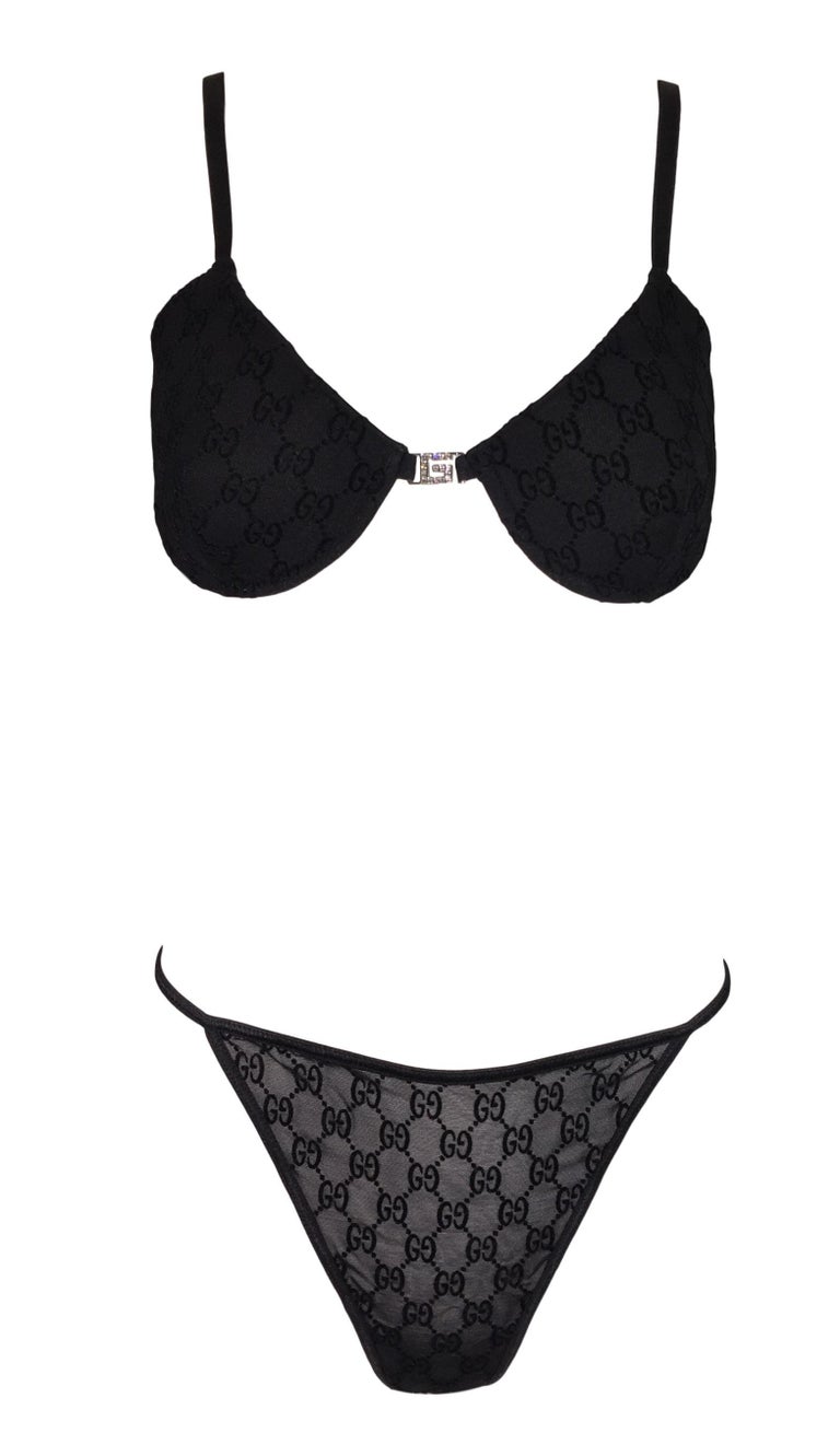 NWT S/S 1998 Gucci Tom Ford Black Crystal Logo Monogram Panty Bra and