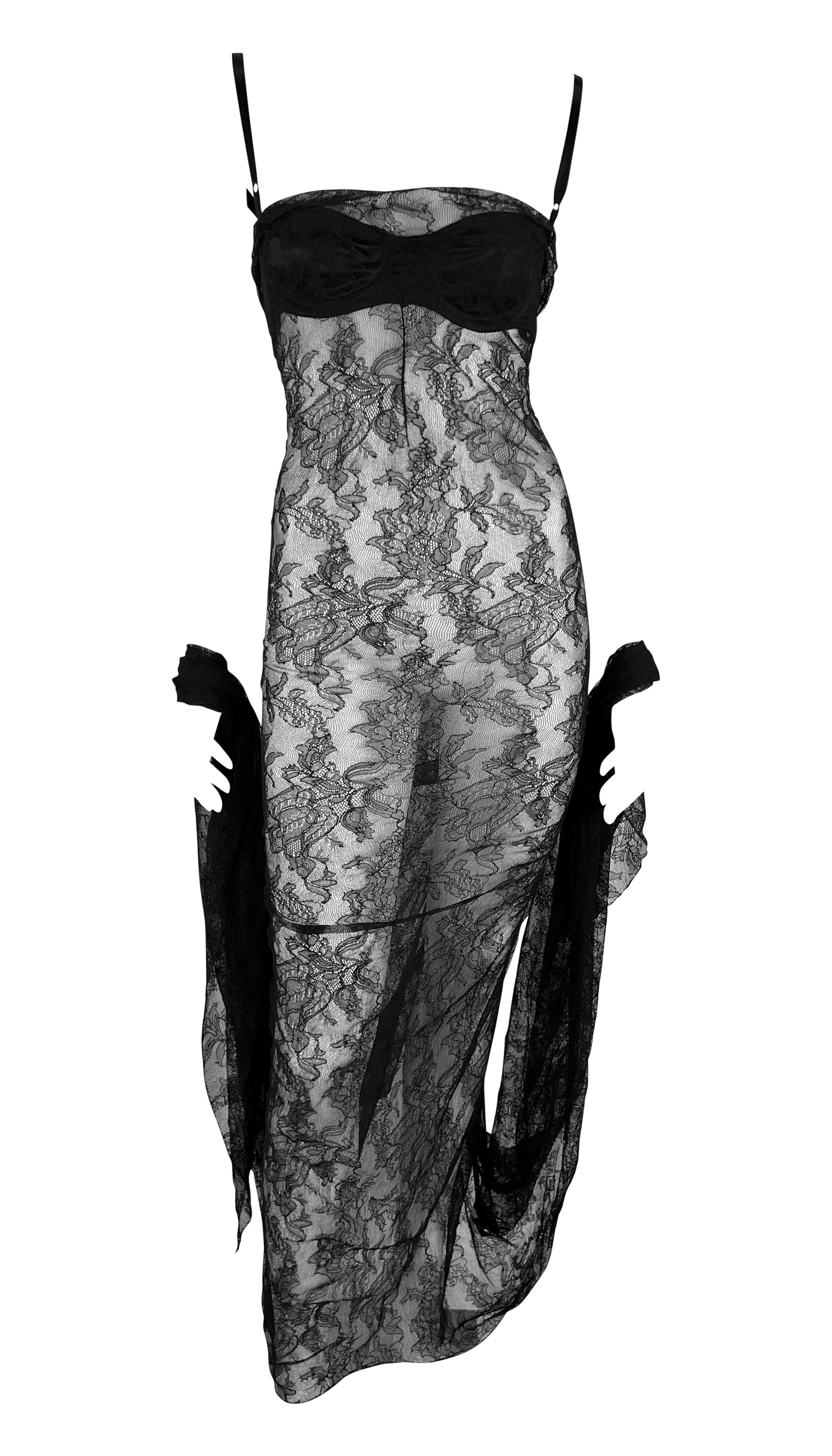 Women's NWT S/S 1999 Dolce & Gabbana Runway Sheer Black Lace Train Gown For Sale