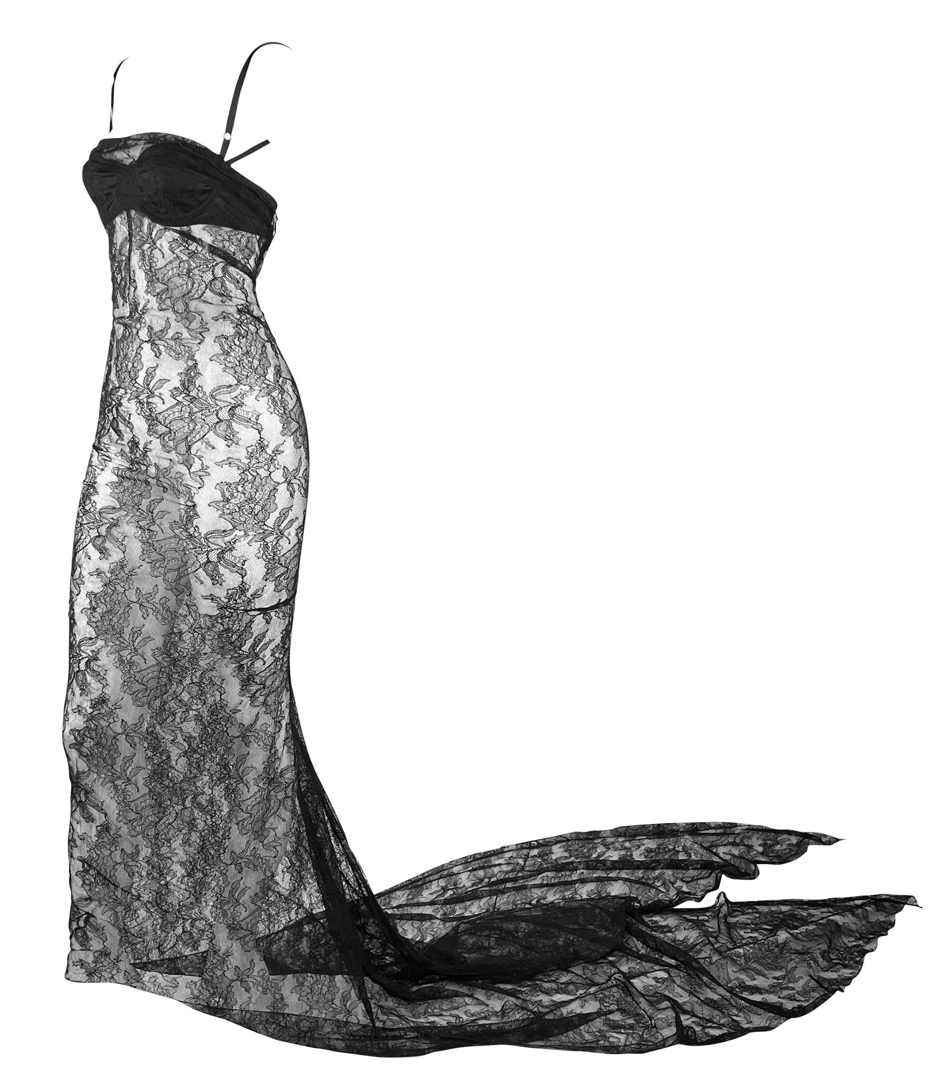 NWT S/S 1999 Dolce & Gabbana Runway Sheer Black Lace Train Gown For Sale 2