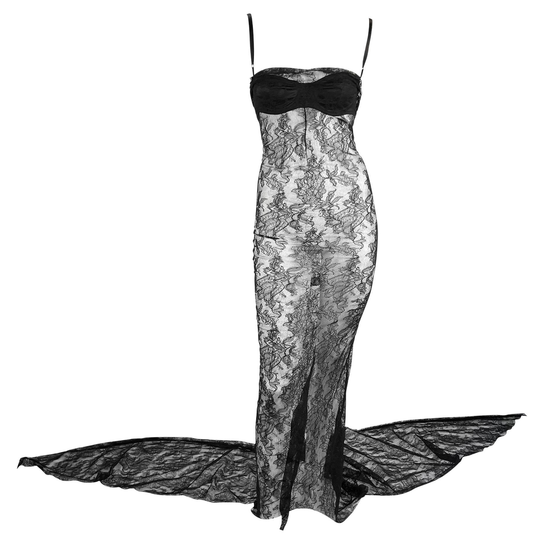 NWT S/S 1999 Dolce & Gabbana Runway Sheer Black Lace Train Gown For Sale
