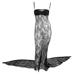 NWT S/S 1999 Dolce & Gabbana Runway Sheer Black Lace Train Gown
