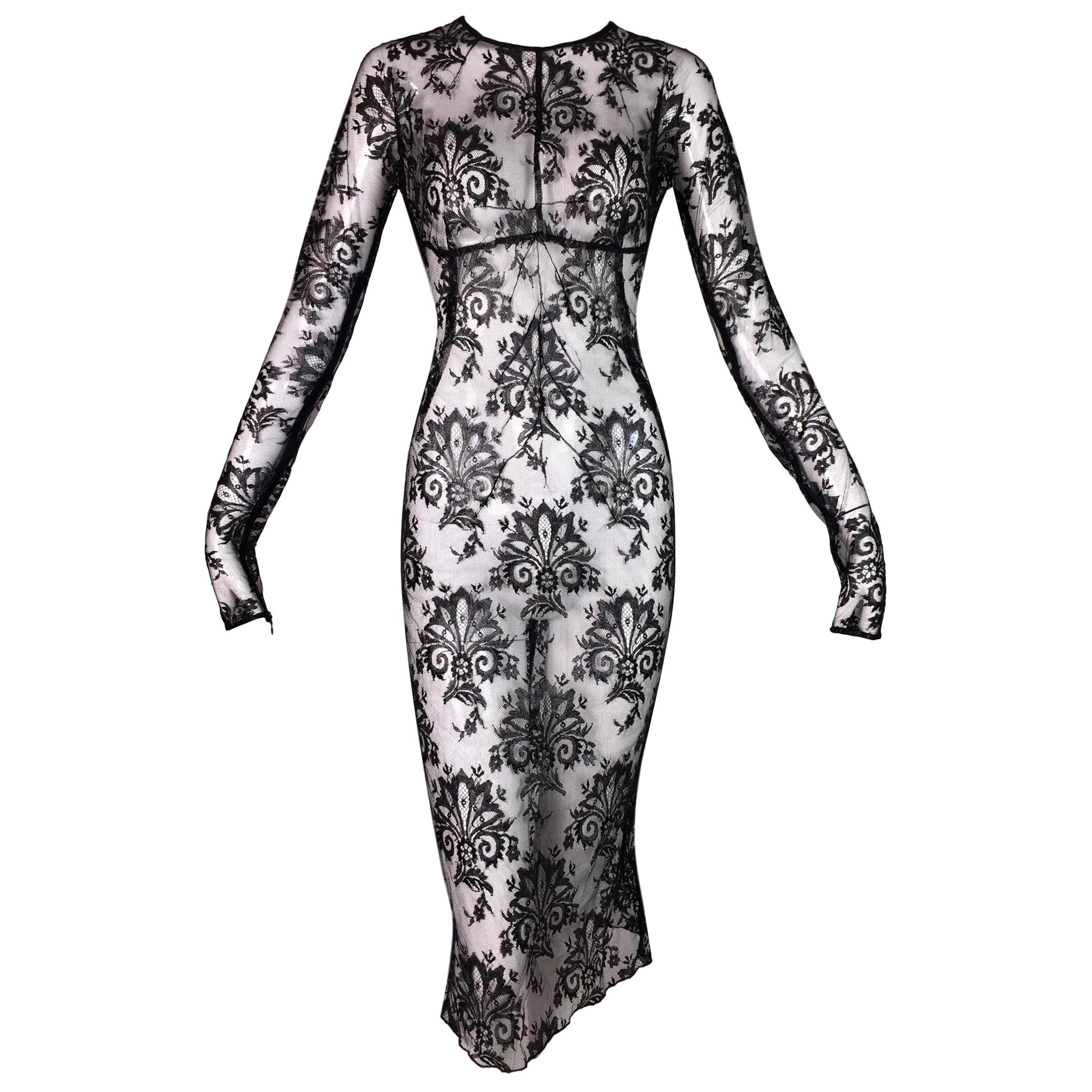 NWT S/S 1999 Dolce & Gabbana Runway Sheer Patent Lace Mesh Pin-Up Dress