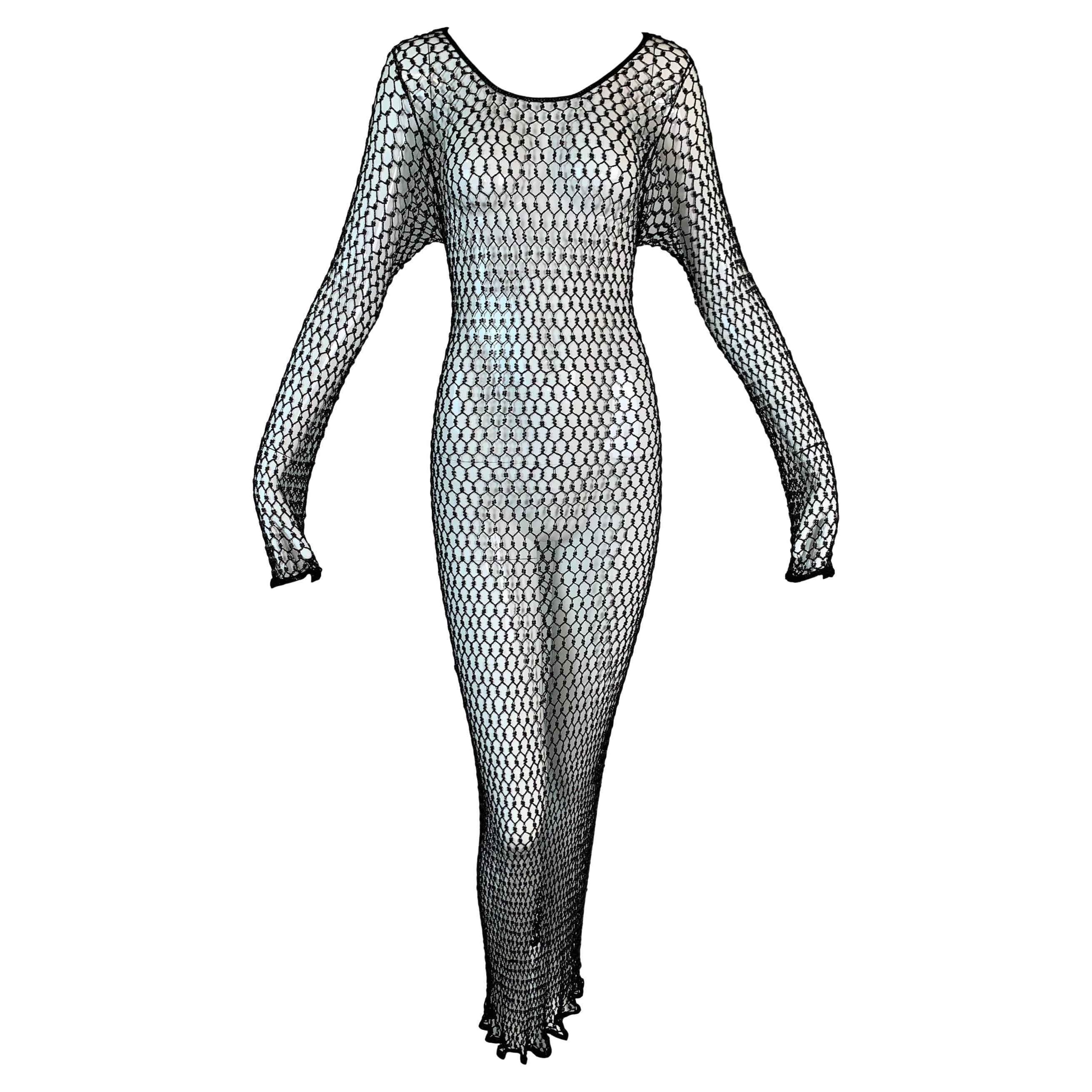 NWT S/S 1999 Yves Saint Laurent Sheer Beaded Fishnet Knit Long Dress Gown