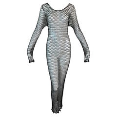 NWT S/S 1999 Yves Saint Laurent Sheer Beaded Fishnet Knit Long Dress Gown