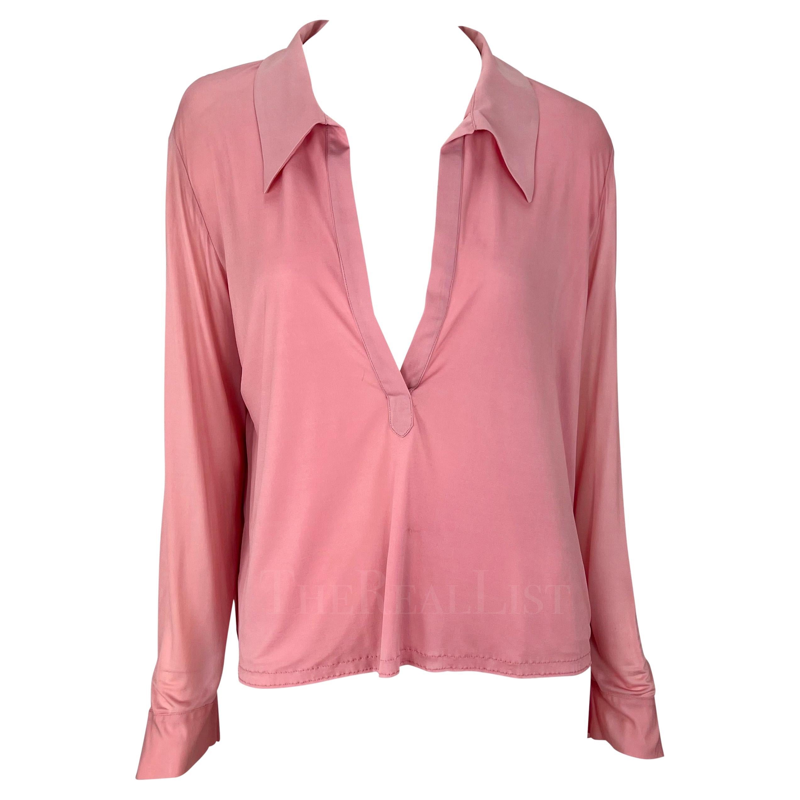 NWT S/S 2000 Gucci by Tom Ford Runway Ad Plunging Pink Collared Blouse Top For Sale