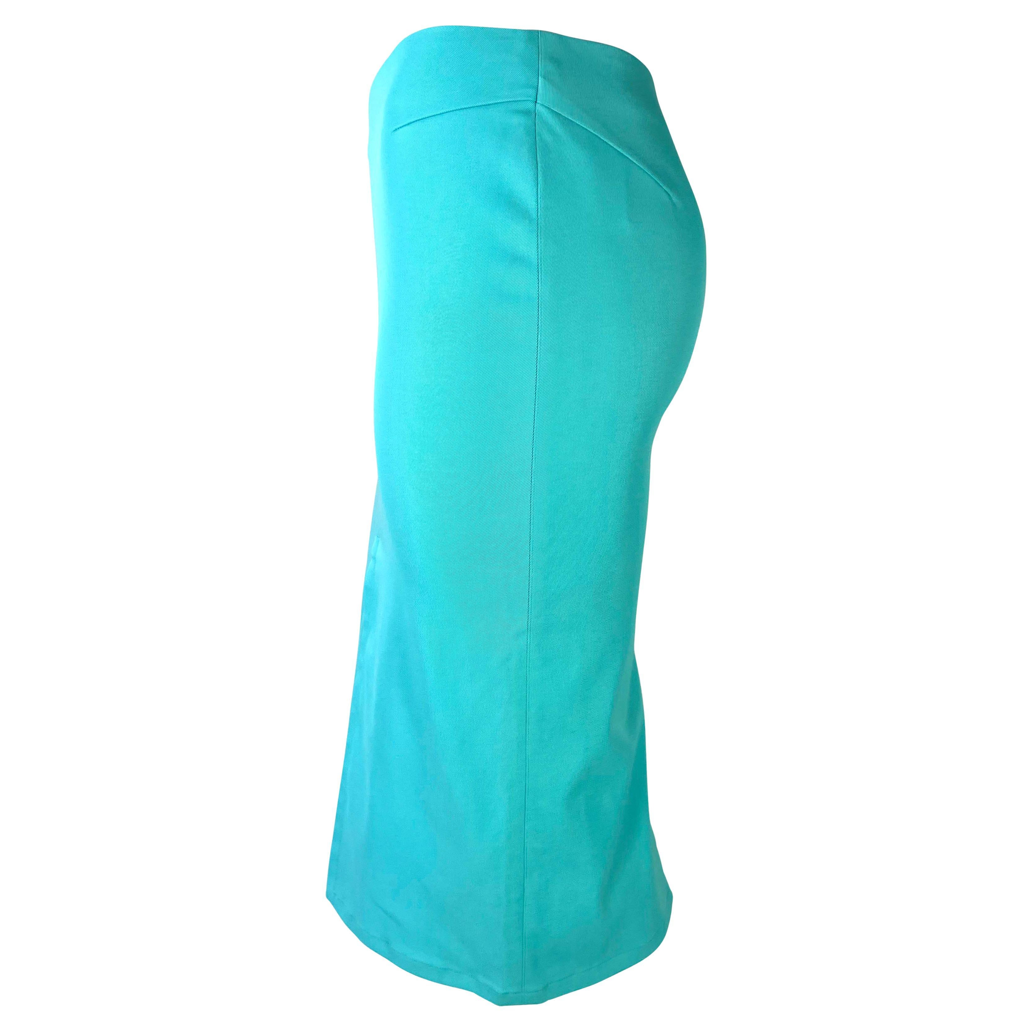 Blue NWT S/S 2000 Gucci by Tom Ford Turquoise Double Slit Stretch Pencil Skirt Y2K
