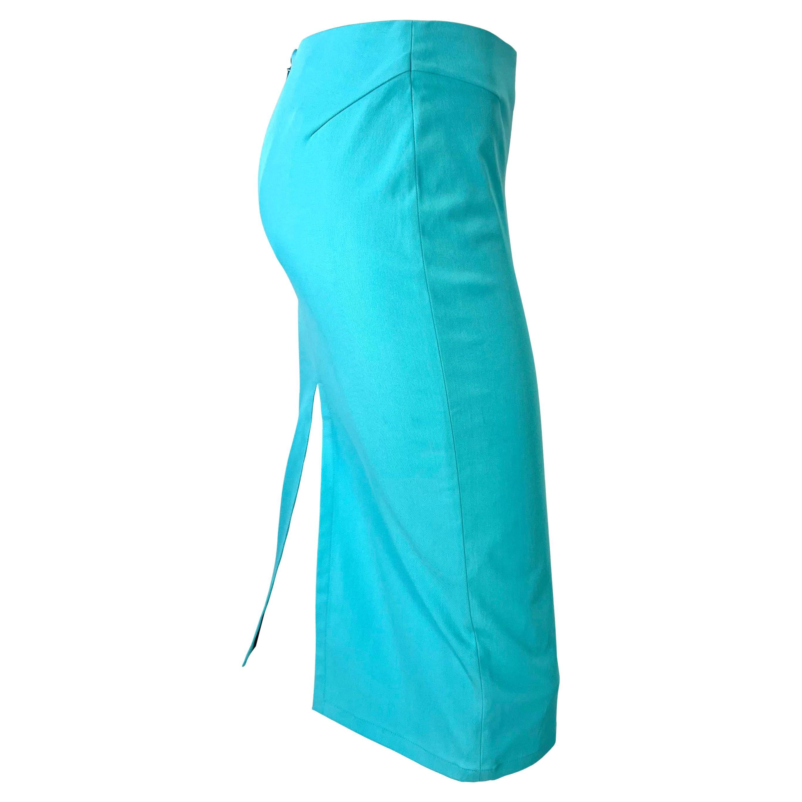 Women's NWT S/S 2000 Gucci by Tom Ford Turquoise Double Slit Stretch Pencil Skirt Y2K