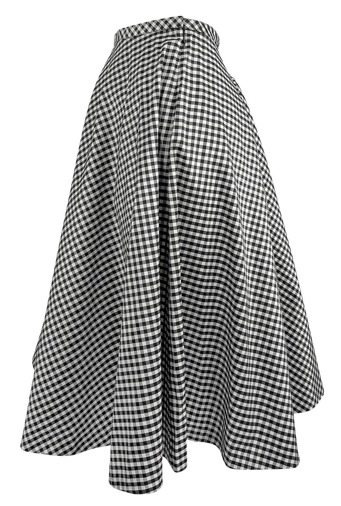 NWT S/S 2000 Ralph Lauren White Black Gingham Silk Taffeta Flare Midi Skirt For Sale 5