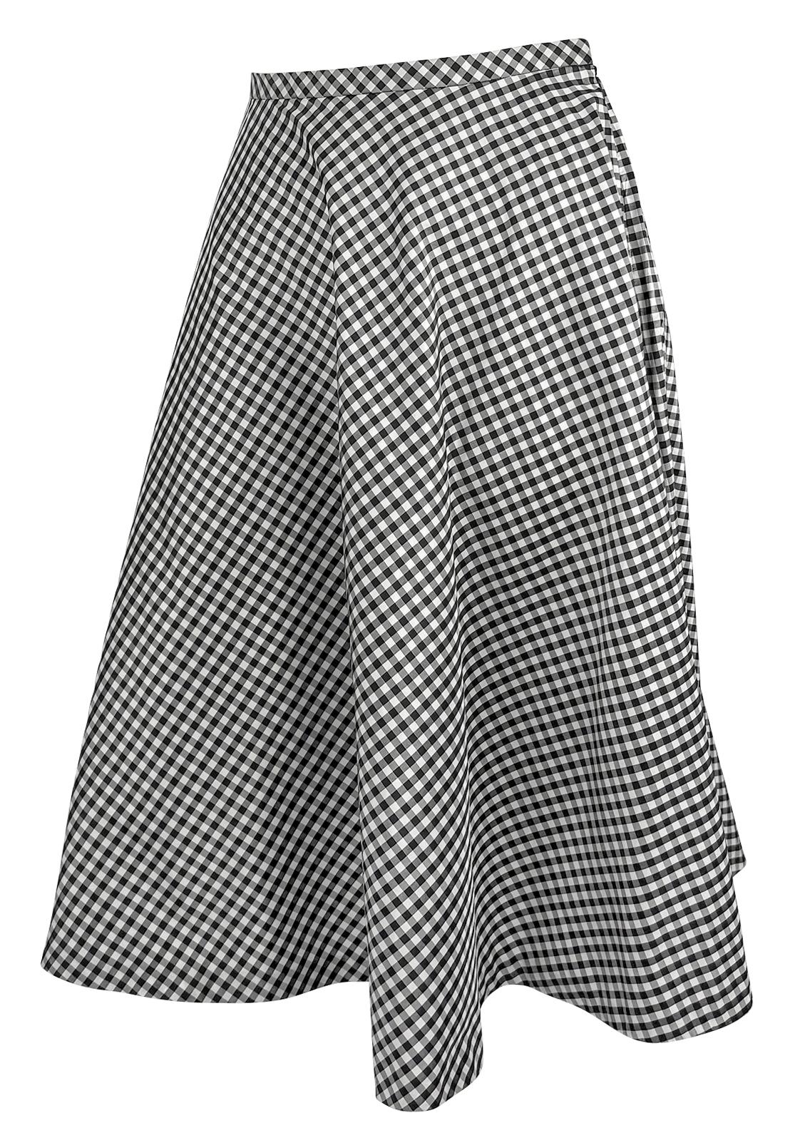 NWT S/S 2000 Ralph Lauren White Black Gingham Silk Taffeta Flare Midi Skirt For Sale 7