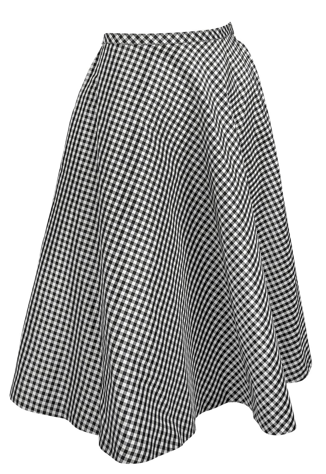 Gray NWT S/S 2000 Ralph Lauren White Black Gingham Silk Taffeta Flare Midi Skirt For Sale