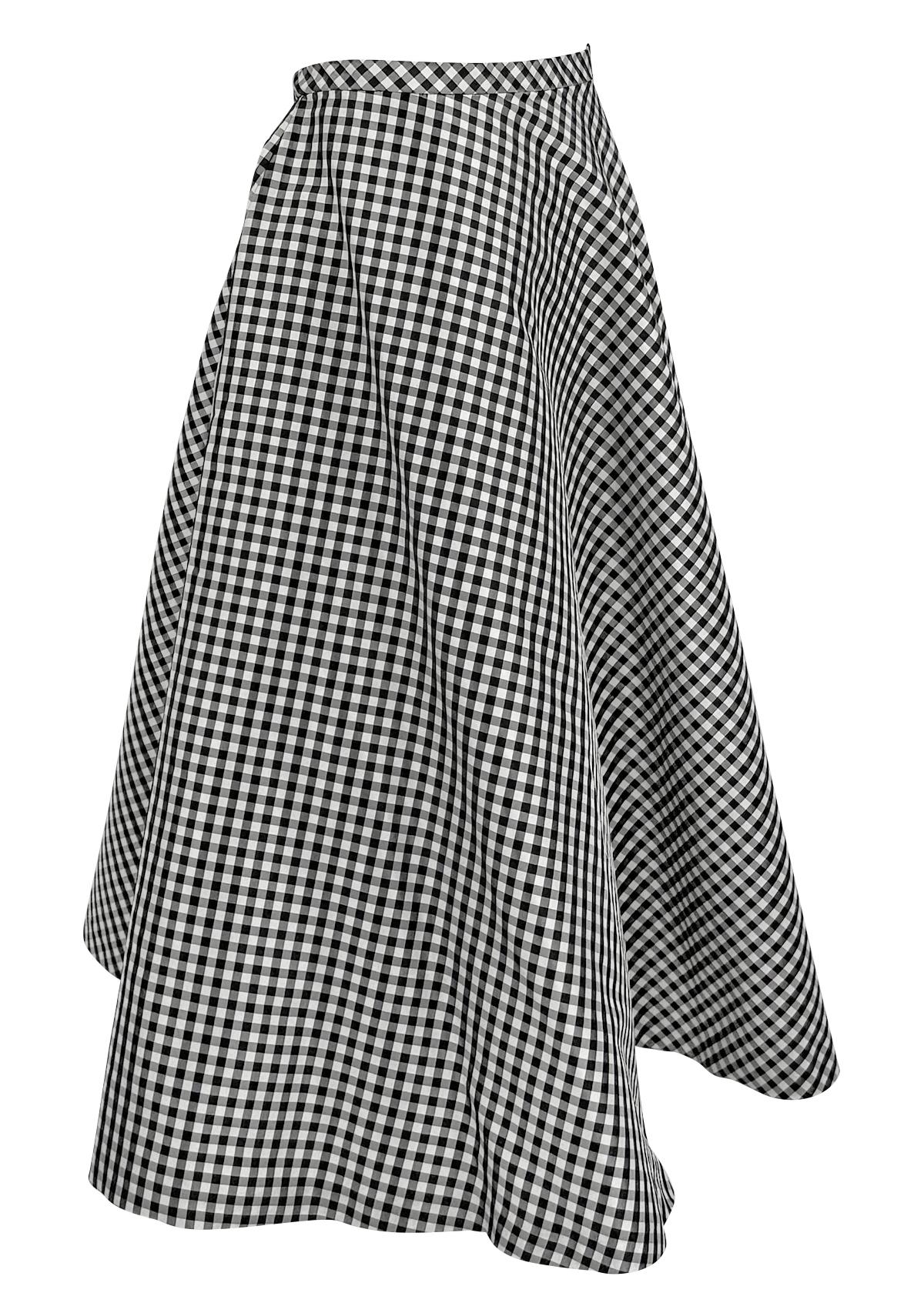 NWT S/S 2000 Ralph Lauren White Black Gingham Silk Taffeta Flare Midi Skirt For Sale 1