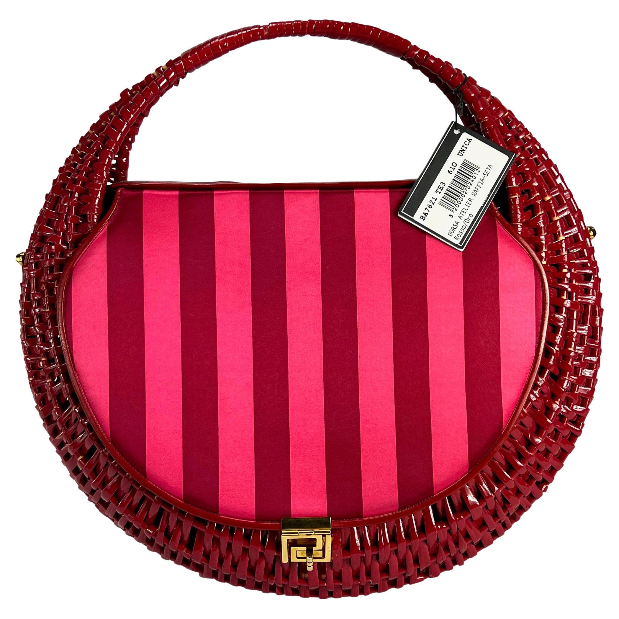 Women's NWT S/S 2001 Atelier Versace by Donatella Versace Pink Satin and Wicker Bag For Sale