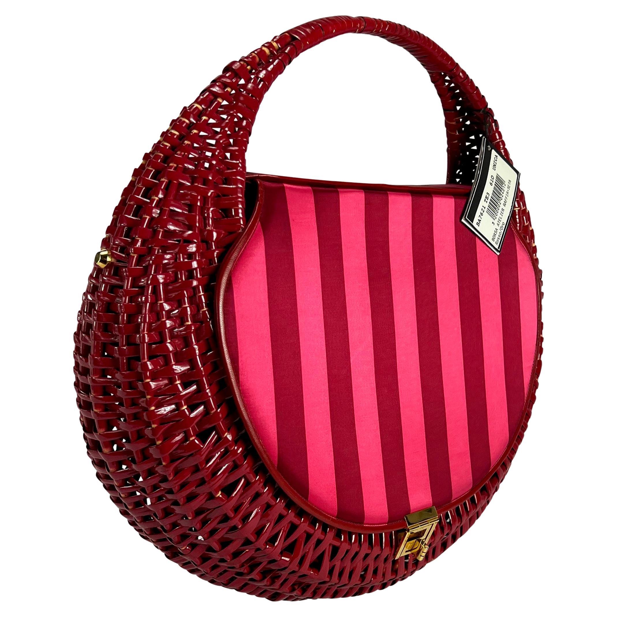 NWT S/S 2001 Atelier Versace by Donatella Versace Pink Satin and Wicker Bag For Sale 2