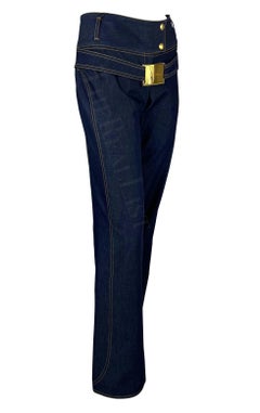 NWT S/S 2001 Dolce & Gabbana Runway Logo Gold Buckle Denim Blue Jeans
