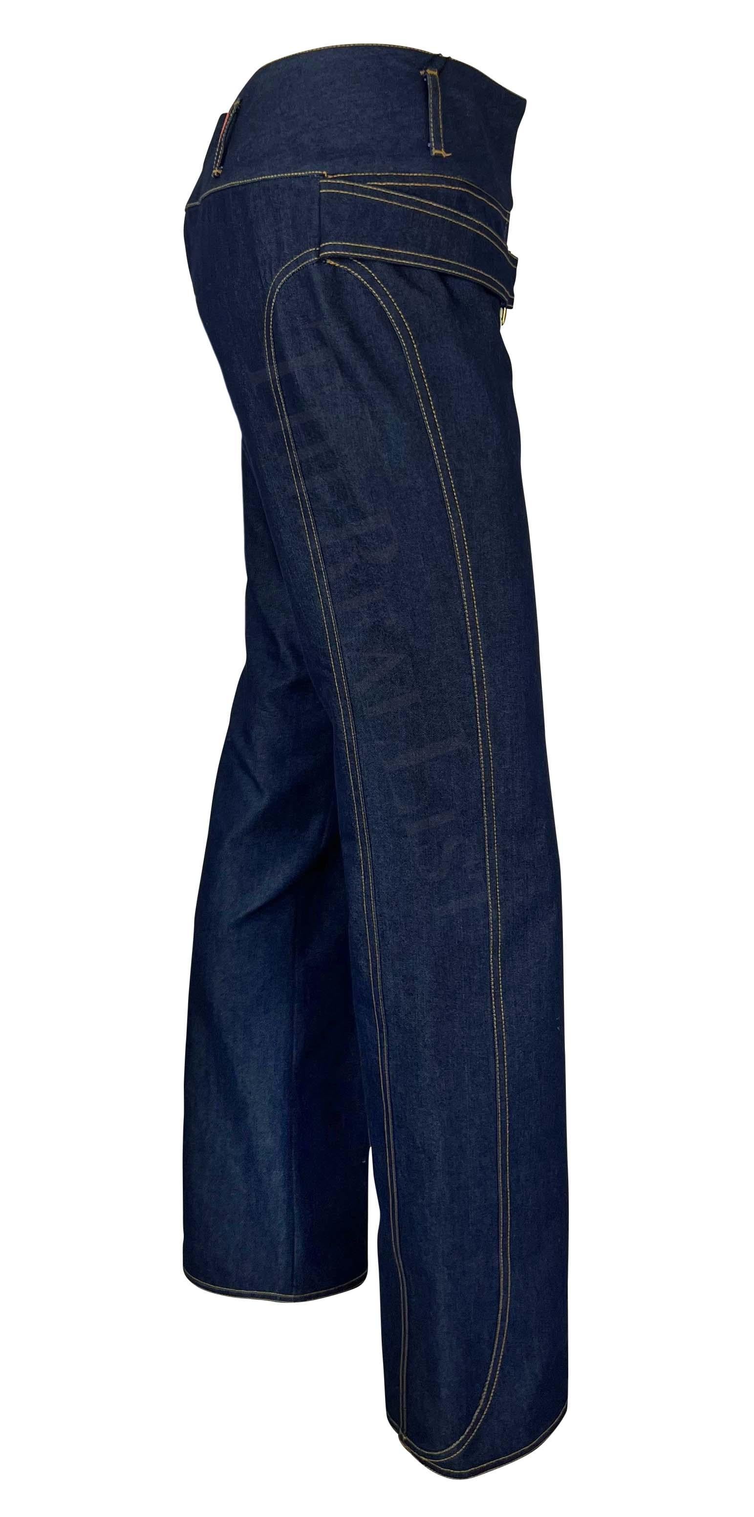 NWT S/S 2001 Dolce & Gabbana Runway Logo Gold Buckle Denim Blue Jeans For Sale 2