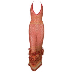 NWT S/S 2001 Gianfranco Ferre Sheer Red Mesh Raffia Plunging Gown Dress