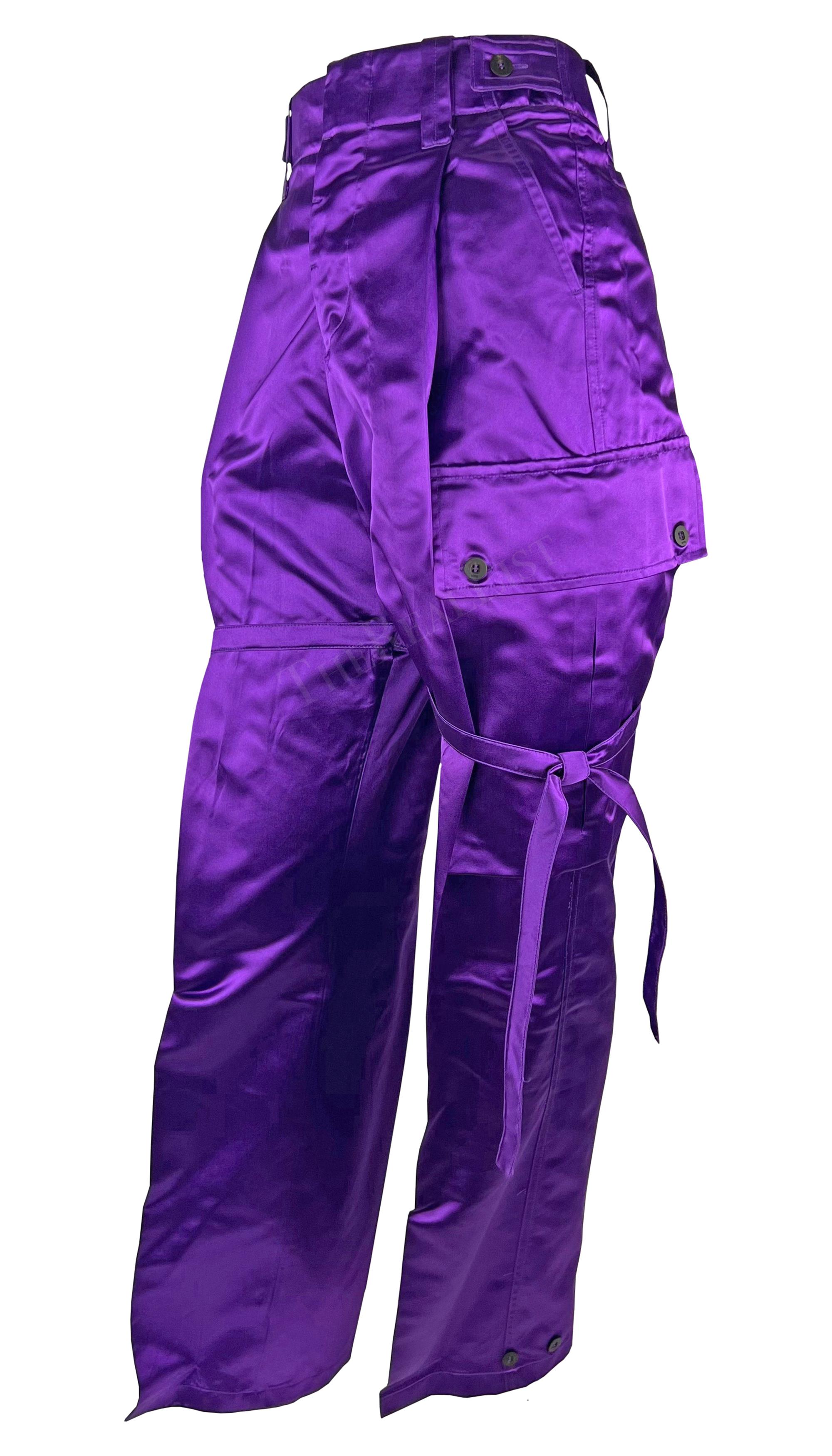 NWT S/S 2001 Gucci by Tom Ford Runway Purple Satin Tie Wide Leg Cargo Pants  In Excellent Condition For Sale In West Hollywood, CA