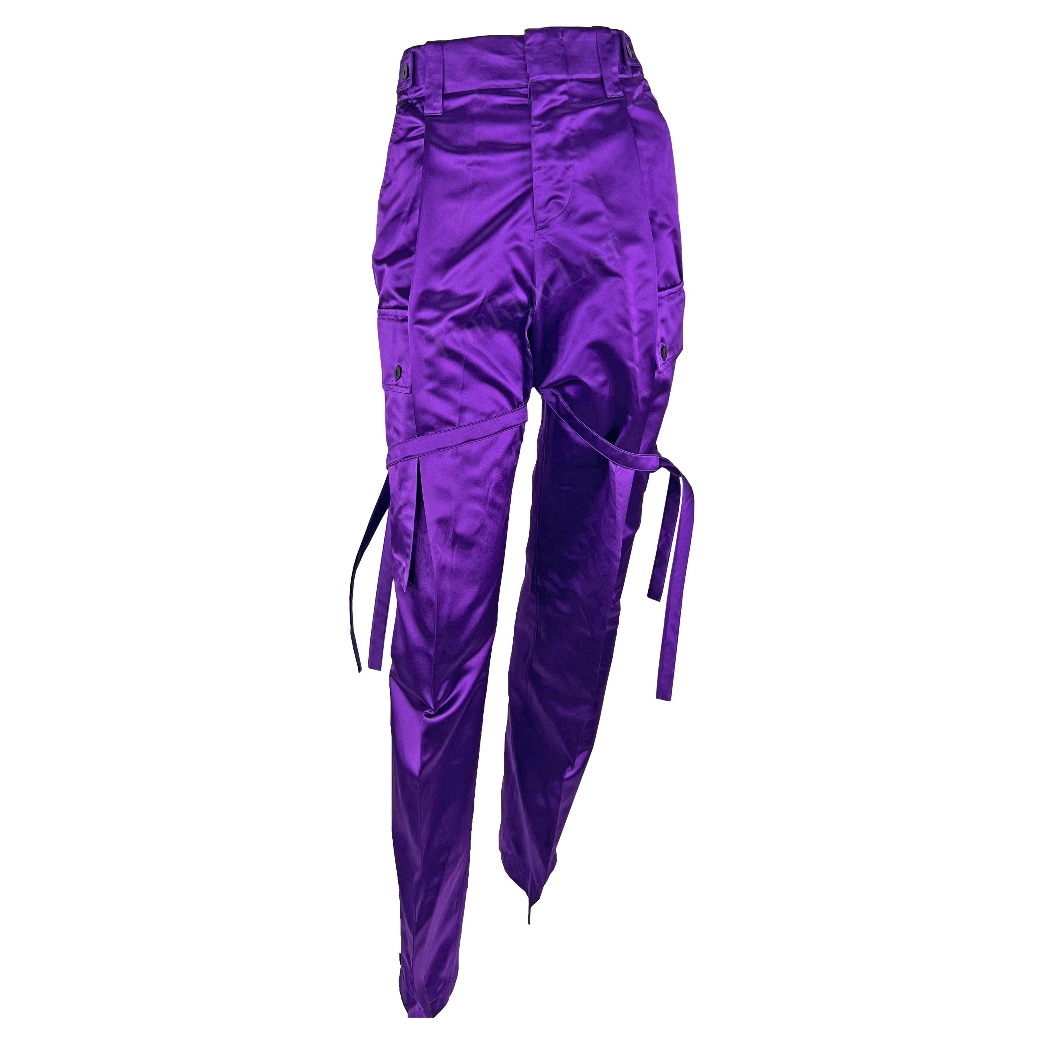 NWT S/S 2001 Gucci by Tom Ford Runway Purple Satin Tie Wide Leg Cargo Pants  For Sale