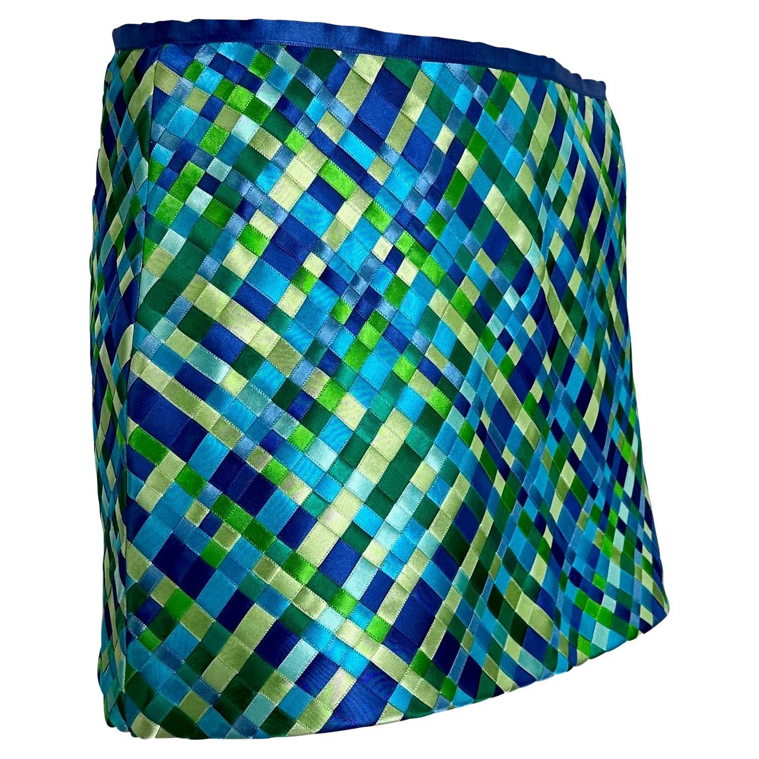 NWT S/S 2002 Dolce & Gabbana Runway Blue Green Satin Woven Ribbon Mini Skirt Y2K For Sale 8