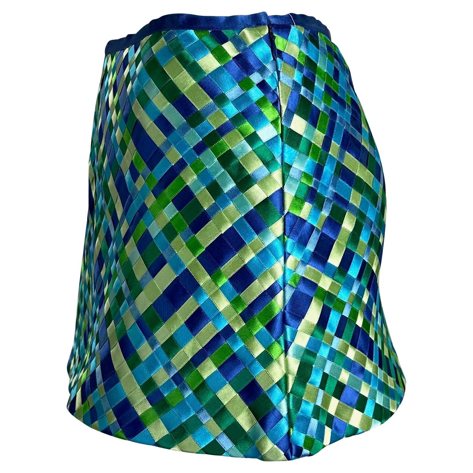 NWT S/S 2002 Dolce & Gabbana Runway Blue Green Satin Woven Ribbon Mini Skirt Y2K For Sale 2