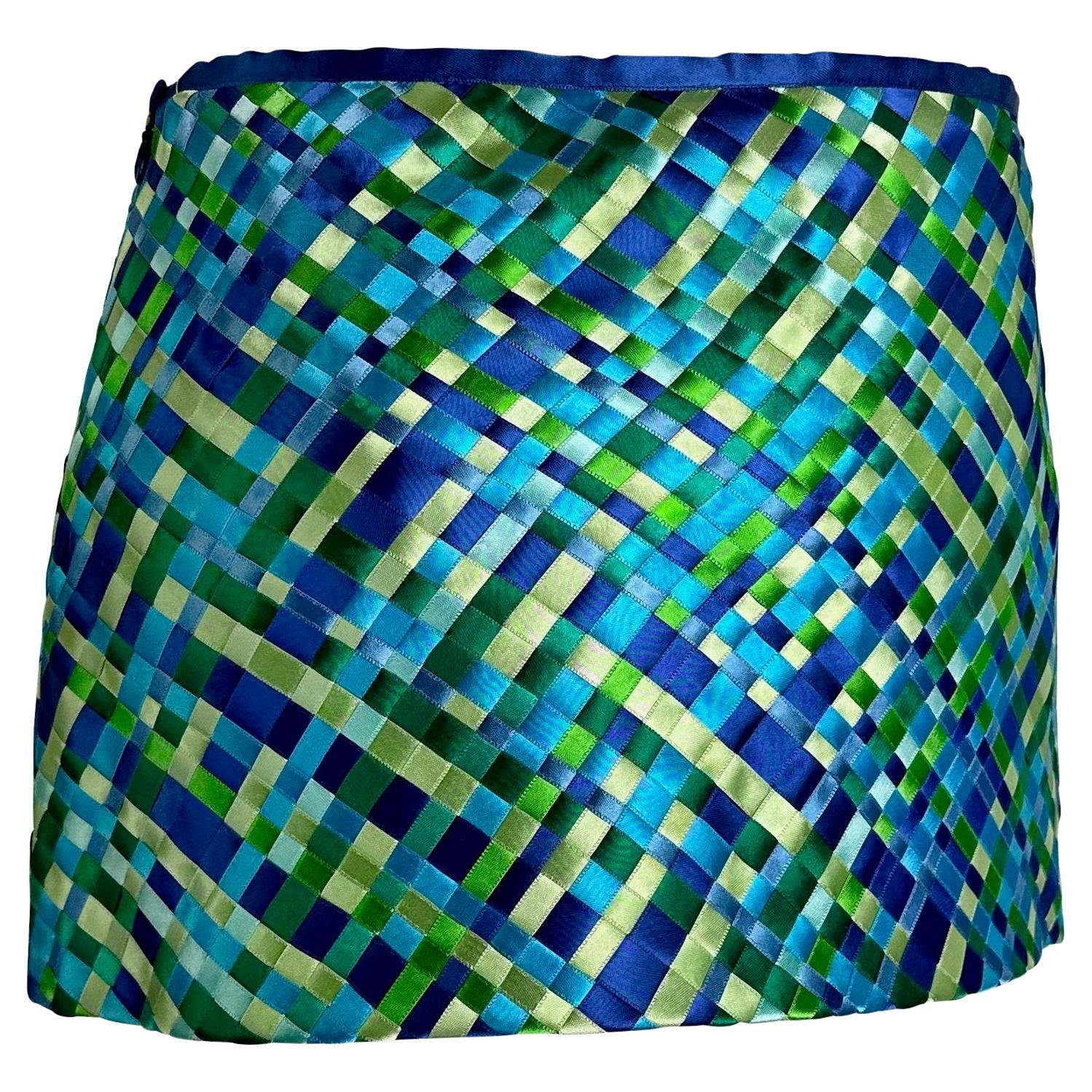 NWT S/S 2002 Dolce & Gabbana Runway Blue Green Satin Woven Ribbon Mini Skirt Y2K For Sale 4