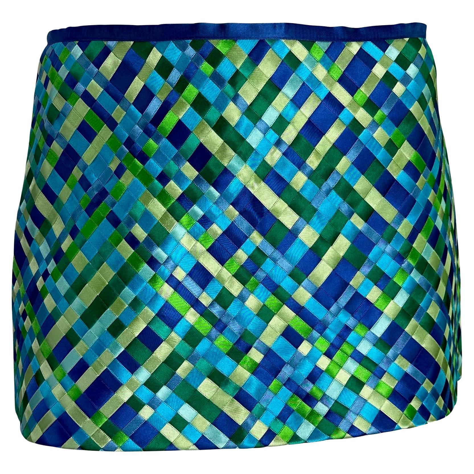 NWT S/S 2002 Dolce & Gabbana Runway Blue Green Satin Woven Ribbon Mini Skirt Y2K For Sale