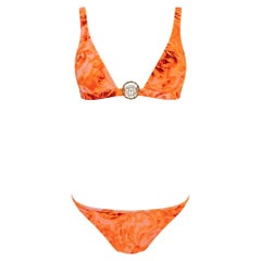 NWT S/S 2002 Versace by Donatella Neon Orange Floral Print Bikini Wrap Skirt Set