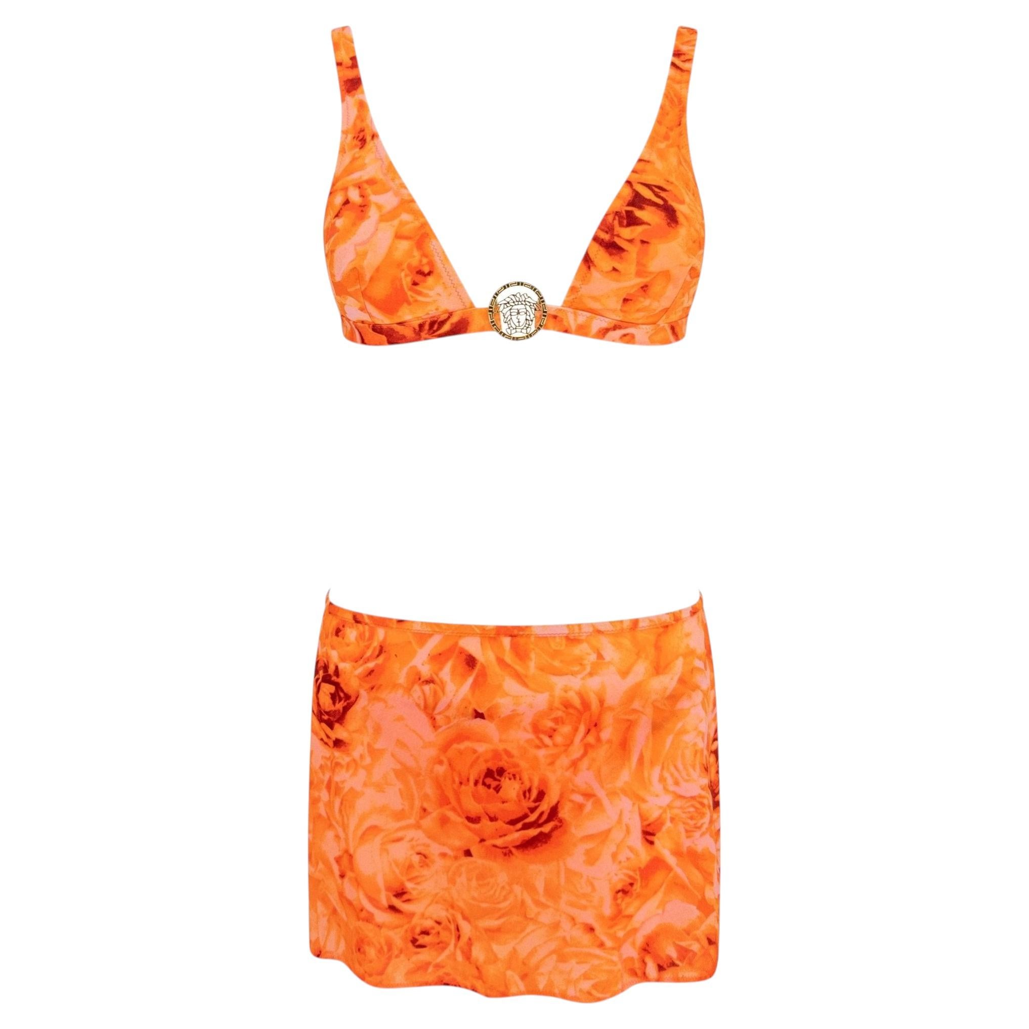 NWT S/S 2002 Versace by Donatella Neon Orange Floral Print Bikini Wrap Skirt Set