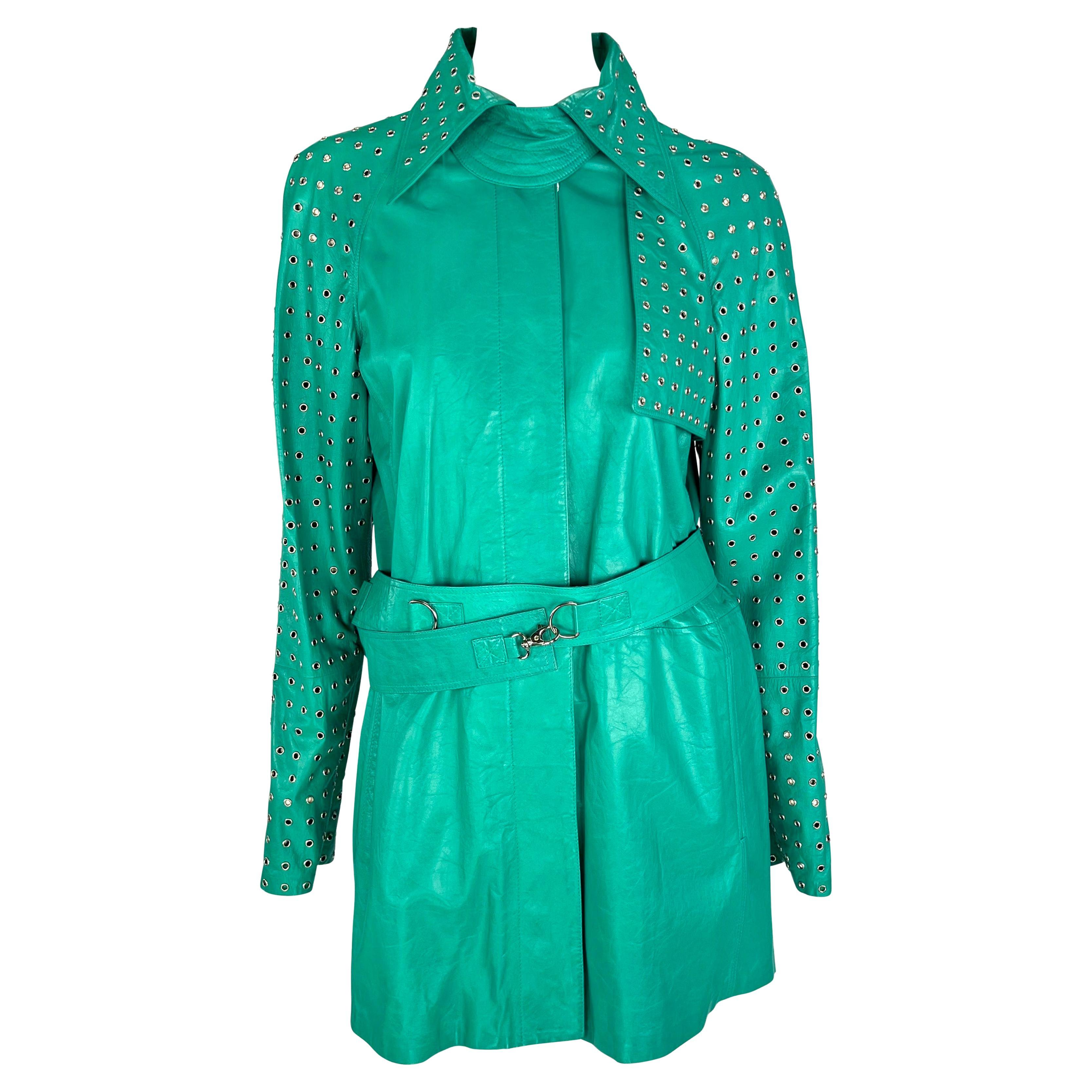 NWT S/S 2003 Gianni Versace by Donatella Versace Teal Rivet Leather Jacket For Sale