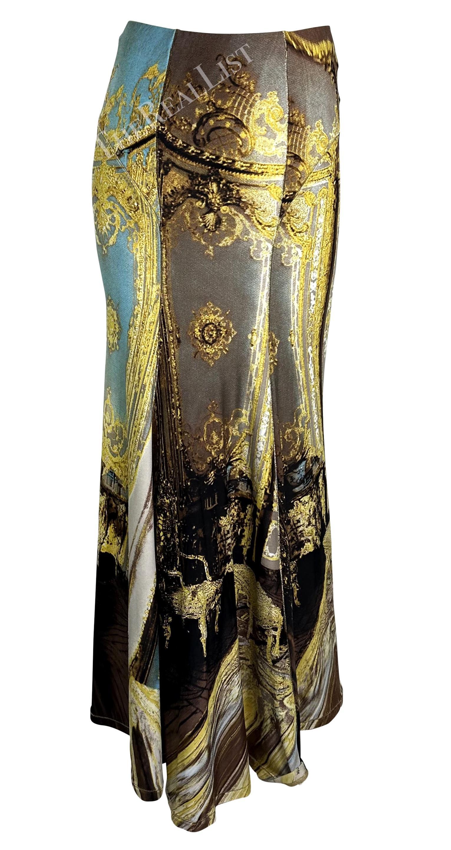NEU F/S 2003 Roberto Cavalli Barock Druck Gold Glitter Maxi Flare Bodycon-Rock mit Barockdruck im Angebot 1