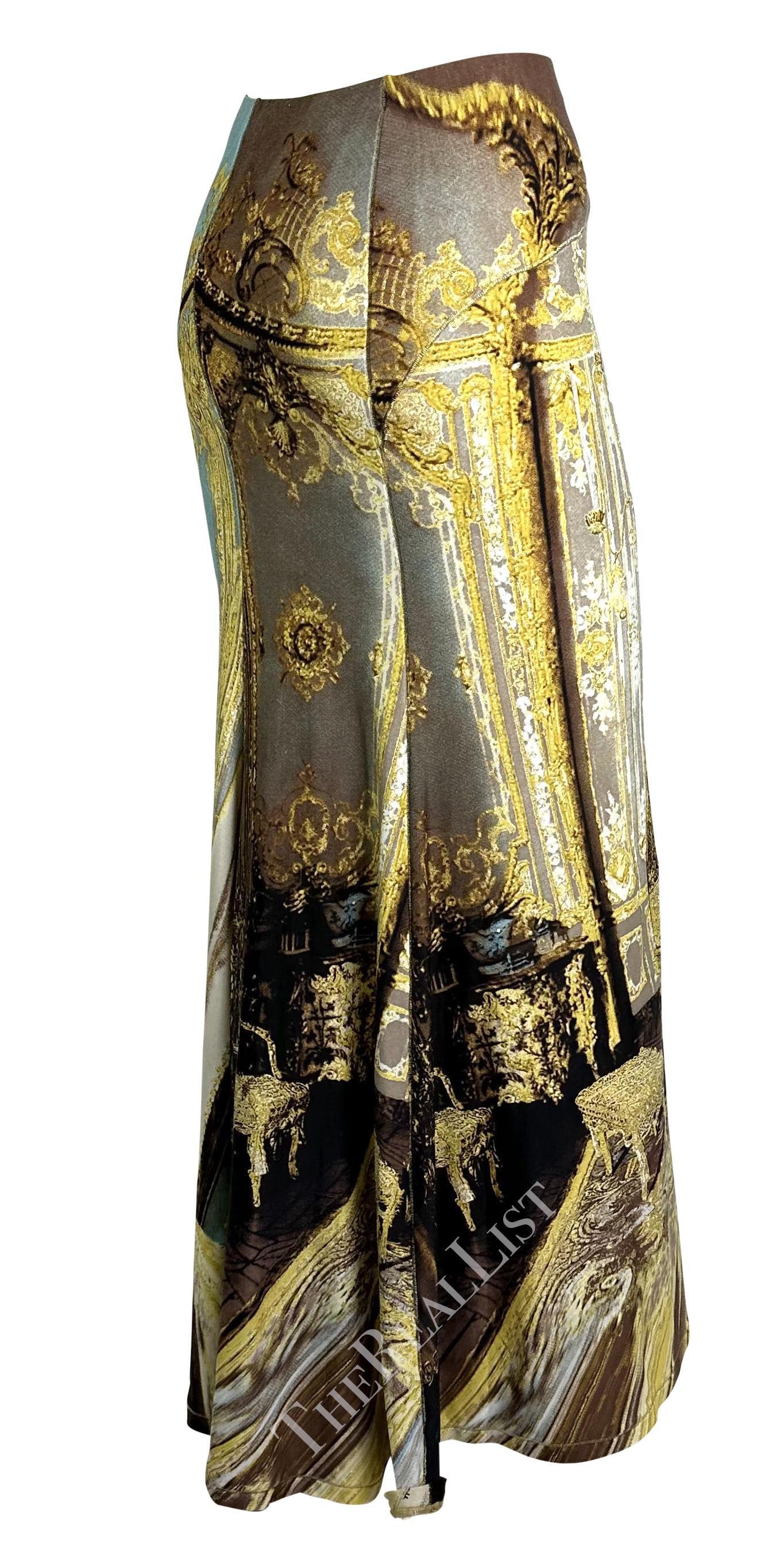 NEU F/S 2003 Roberto Cavalli Barock Druck Gold Glitter Maxi Flare Bodycon-Rock mit Barockdruck im Angebot 3