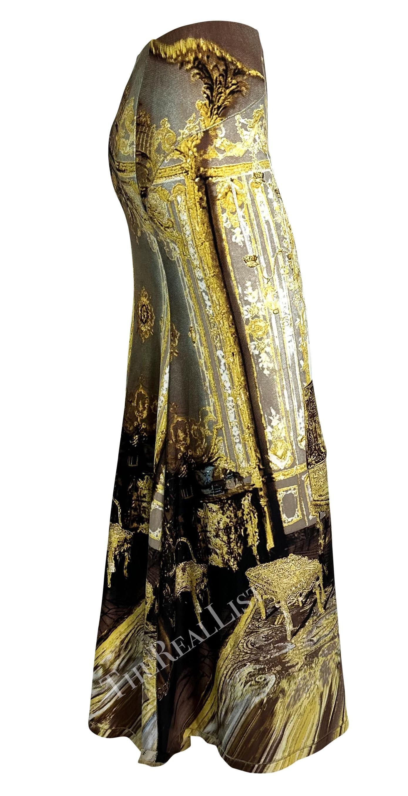 NEU F/S 2003 Roberto Cavalli Barock Druck Gold Glitter Maxi Flare Bodycon-Rock mit Barockdruck im Angebot 4