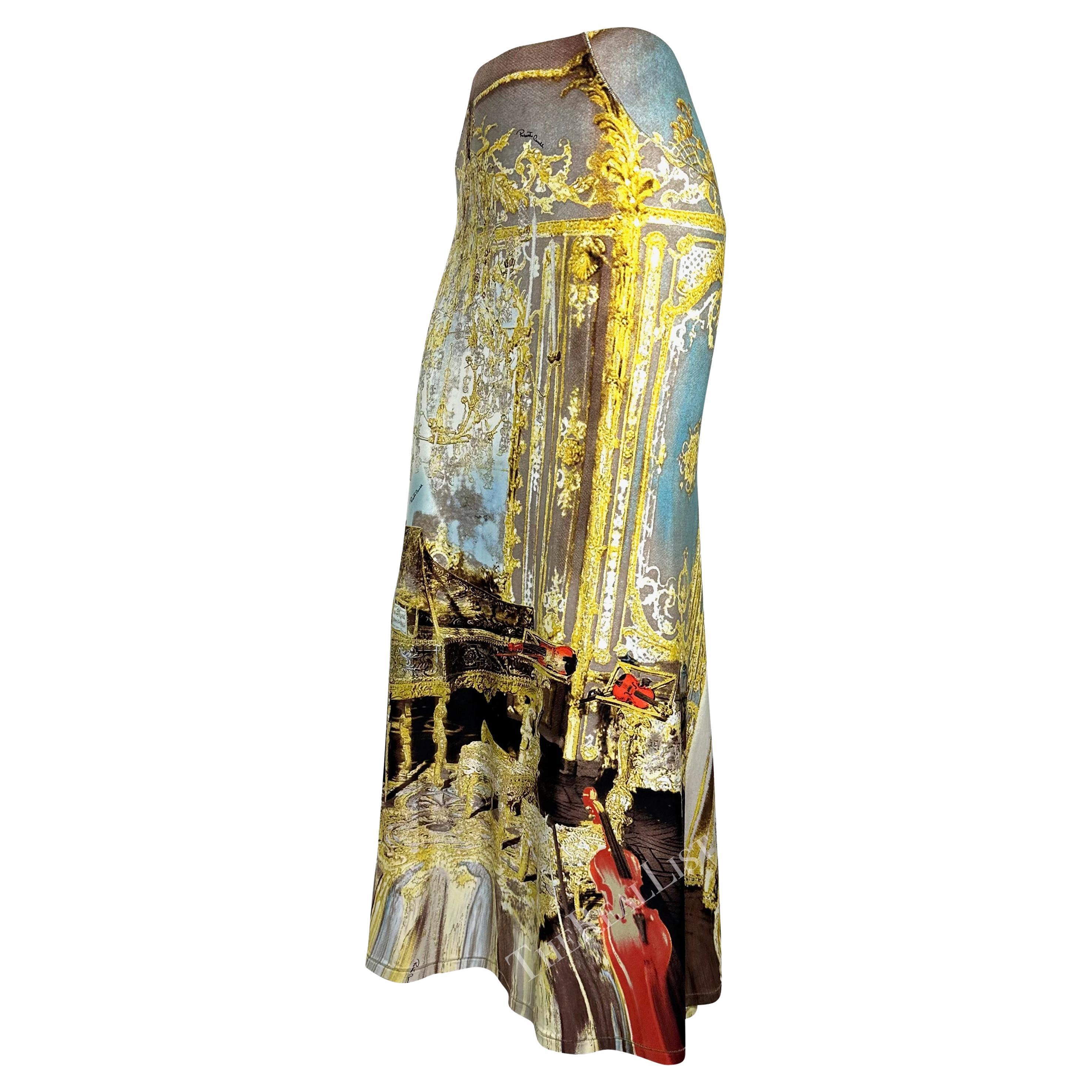 NWT S/S 2003 Roberto Cavalli Baroque Print Gold Glitter Maxi Flare Bodycon Skirt For Sale