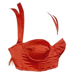 NWT S/S 2004 Roberto Cavalli Red Orange Satin Corset Bustier Ribbon Crop Top