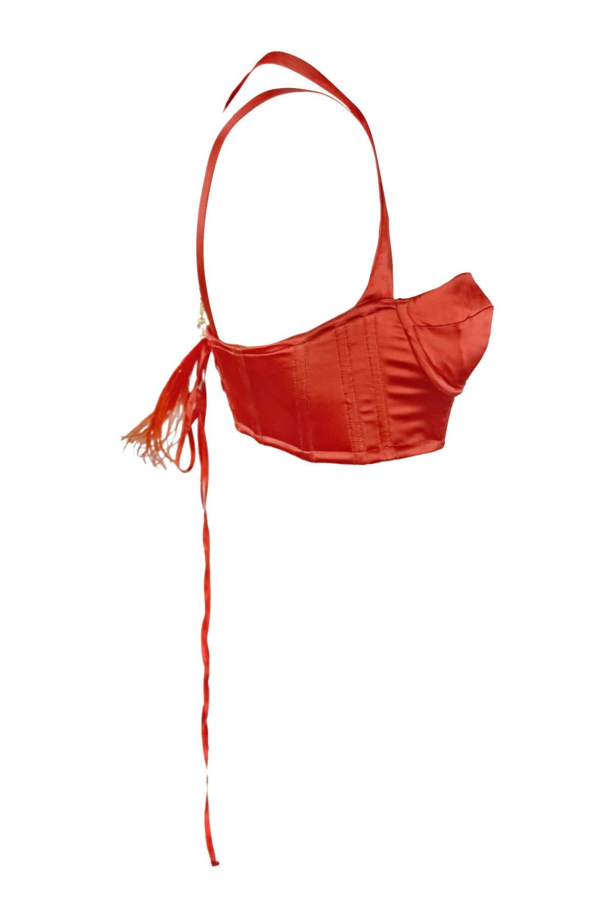 NWT S/S 2004 Roberto Cavalli Red Orange Satin Corset Bustier Ribbon Crop Top In Excellent Condition For Sale In West Hollywood, CA