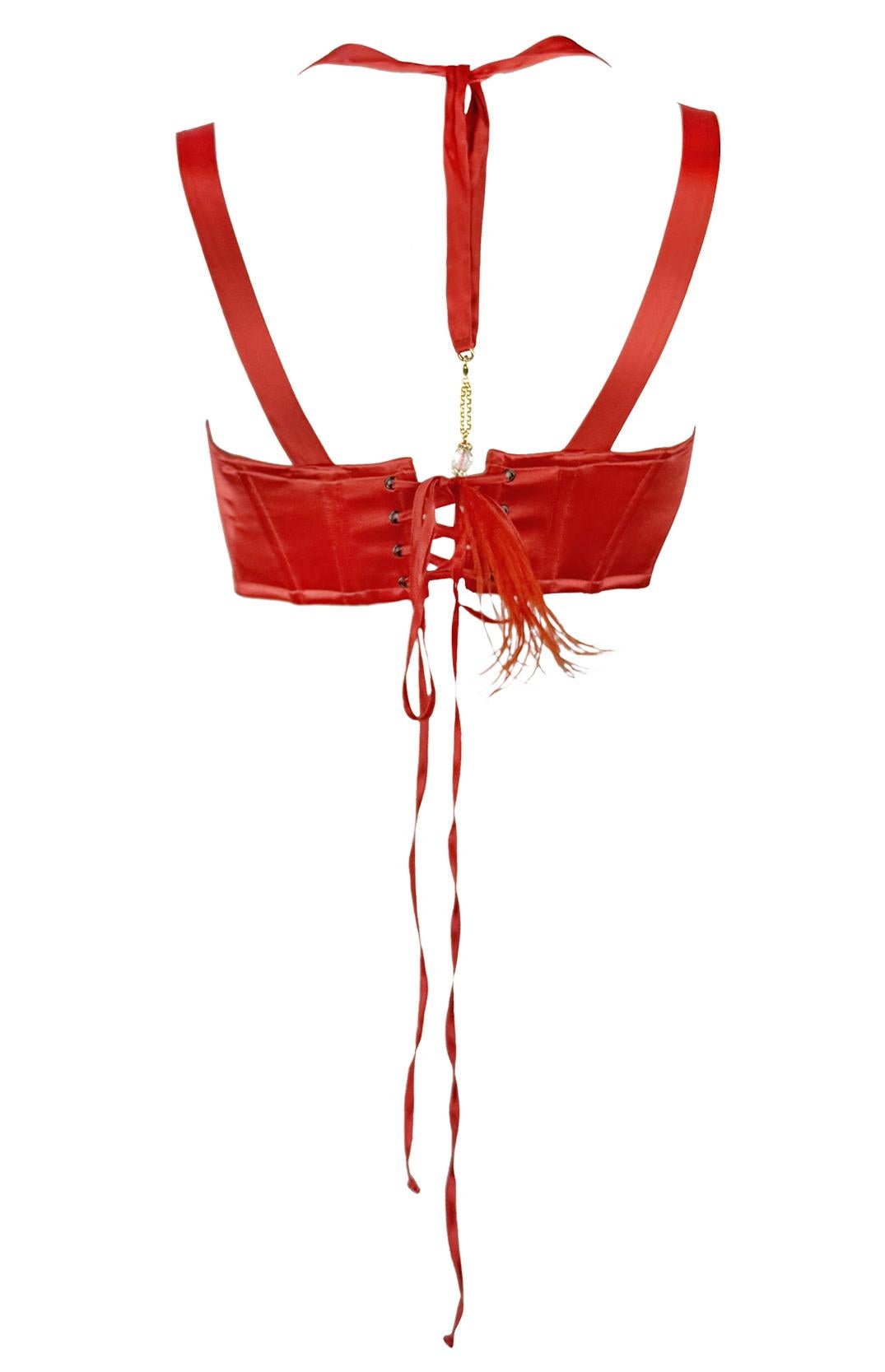 Women's NWT S/S 2004 Roberto Cavalli Red Orange Satin Corset Bustier Ribbon Crop Top For Sale