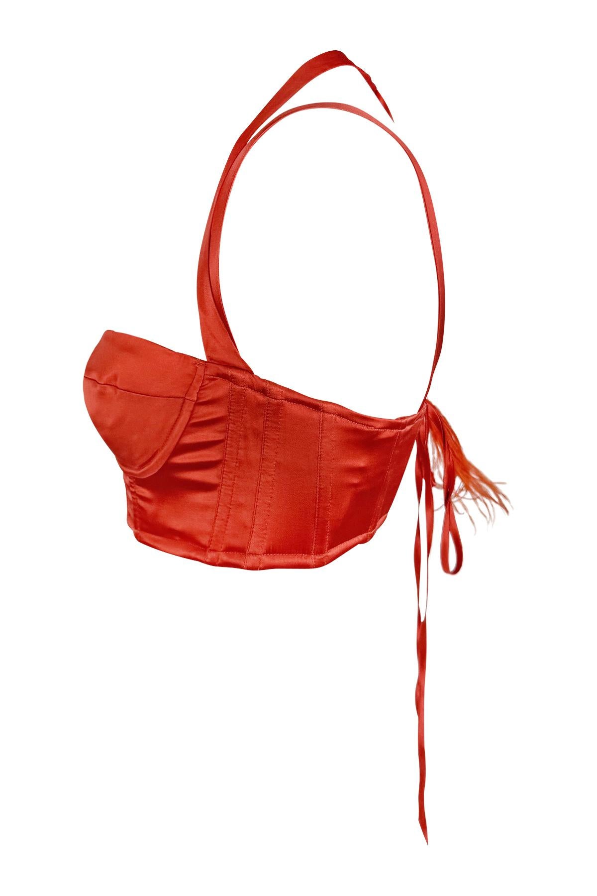 NWT S/S 2004 Roberto Cavalli Red Orange Satin Corset Bustier Ribbon Crop Top For Sale 1