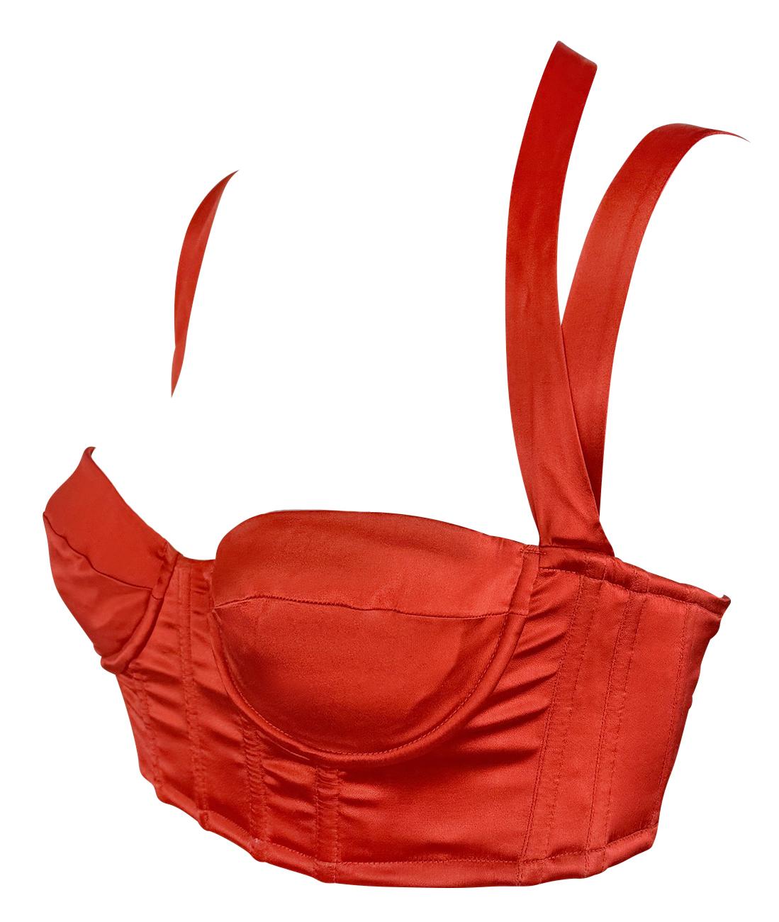 NWT S/S 2004 Roberto Cavalli Red Orange Satin Corset Bustier Ribbon Crop Top For Sale 2