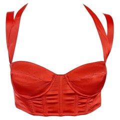 NWT S/S 2004 Roberto Cavalli Red Orange Satin Corset Bustier Ribbon Crop Top