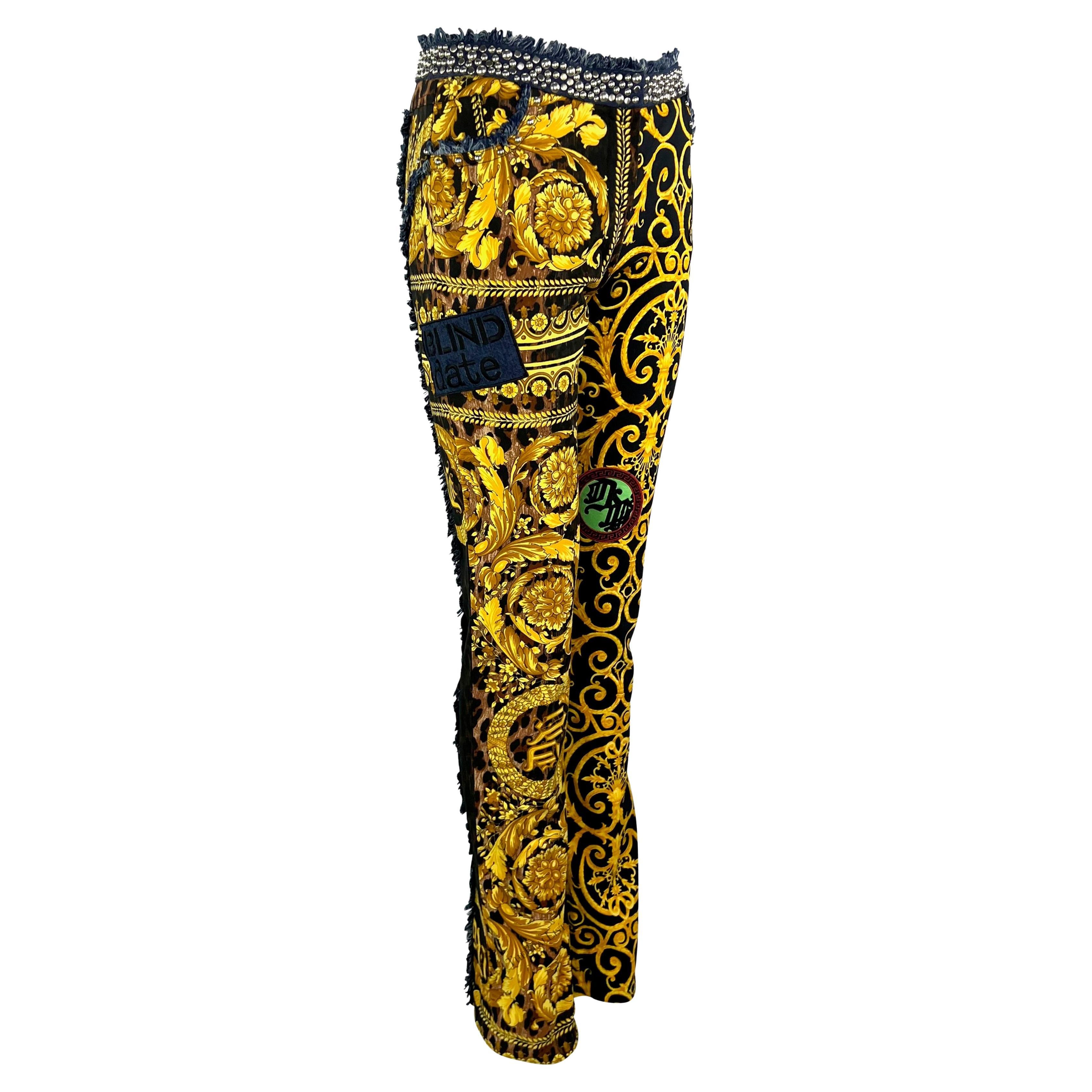 Women's NWT S/S 2005 Versace by Donatella Baroque Print 'Chaos Couture' Studded Jeans For Sale
