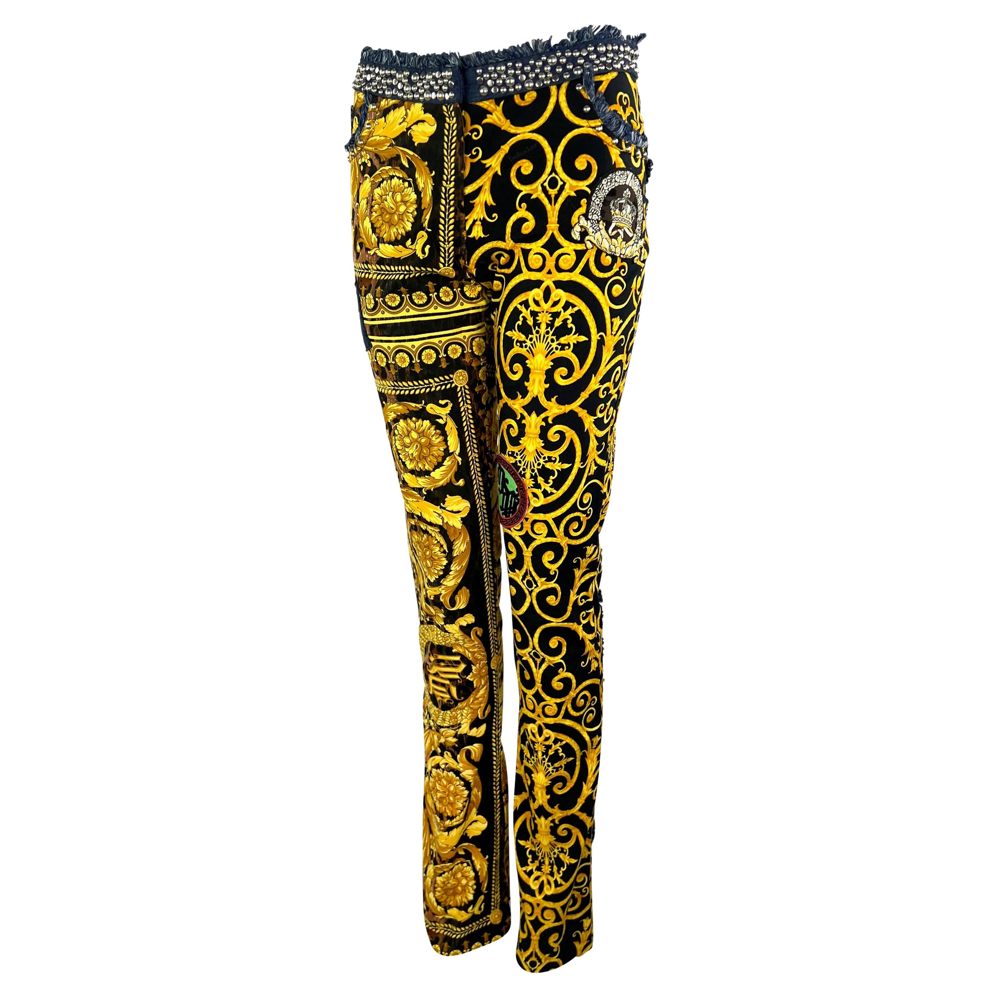 NWT S/S 2005 Versace by Donatella Baroque Print 'Chaos Couture' Studded Jeans For Sale 3