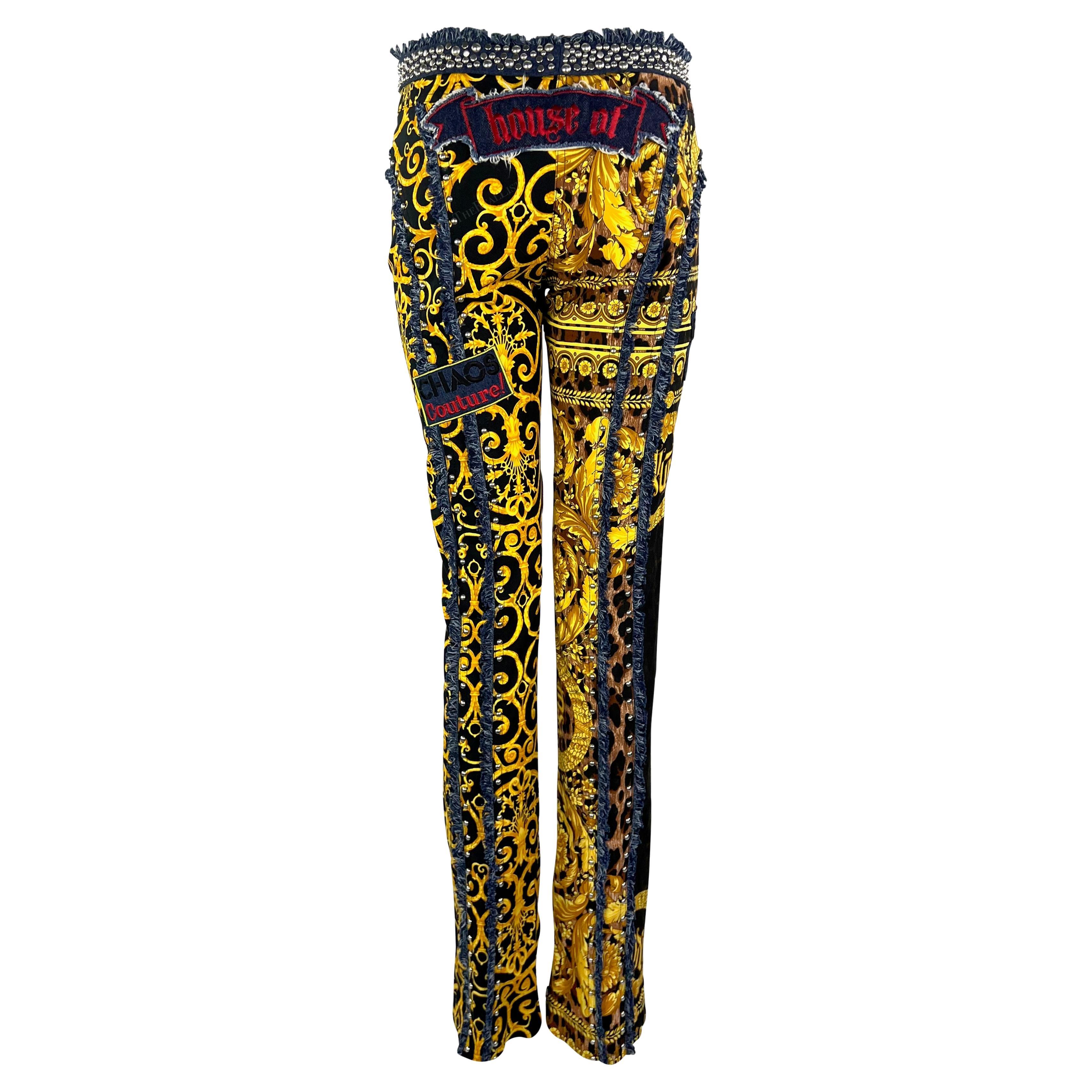 NWT S/S 2005 Versace by Donatella Baroque Print 'Chaos Couture' Studded Jeans For Sale