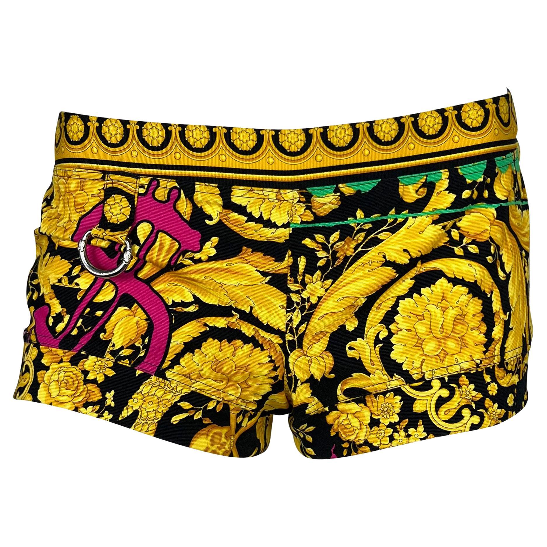 NWT S/S 2005 Versace by Donatella Chaos Couture Baroque Print Gold Mini Shorts For Sale