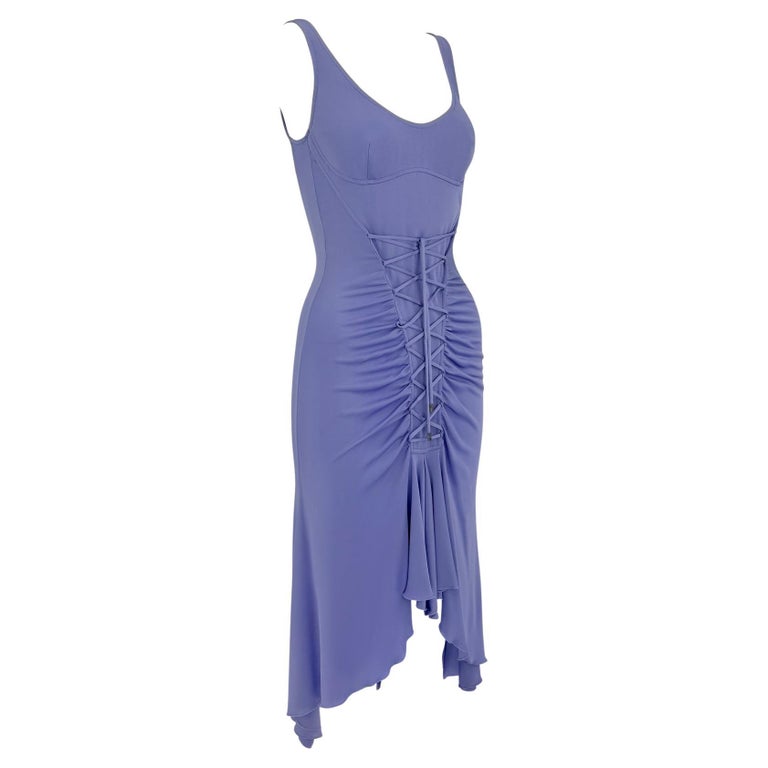 NWT S/S 2005 Versace by Donatella Lavender Viscose Lace-Up Flare Medusa  Dress at 1stDibs