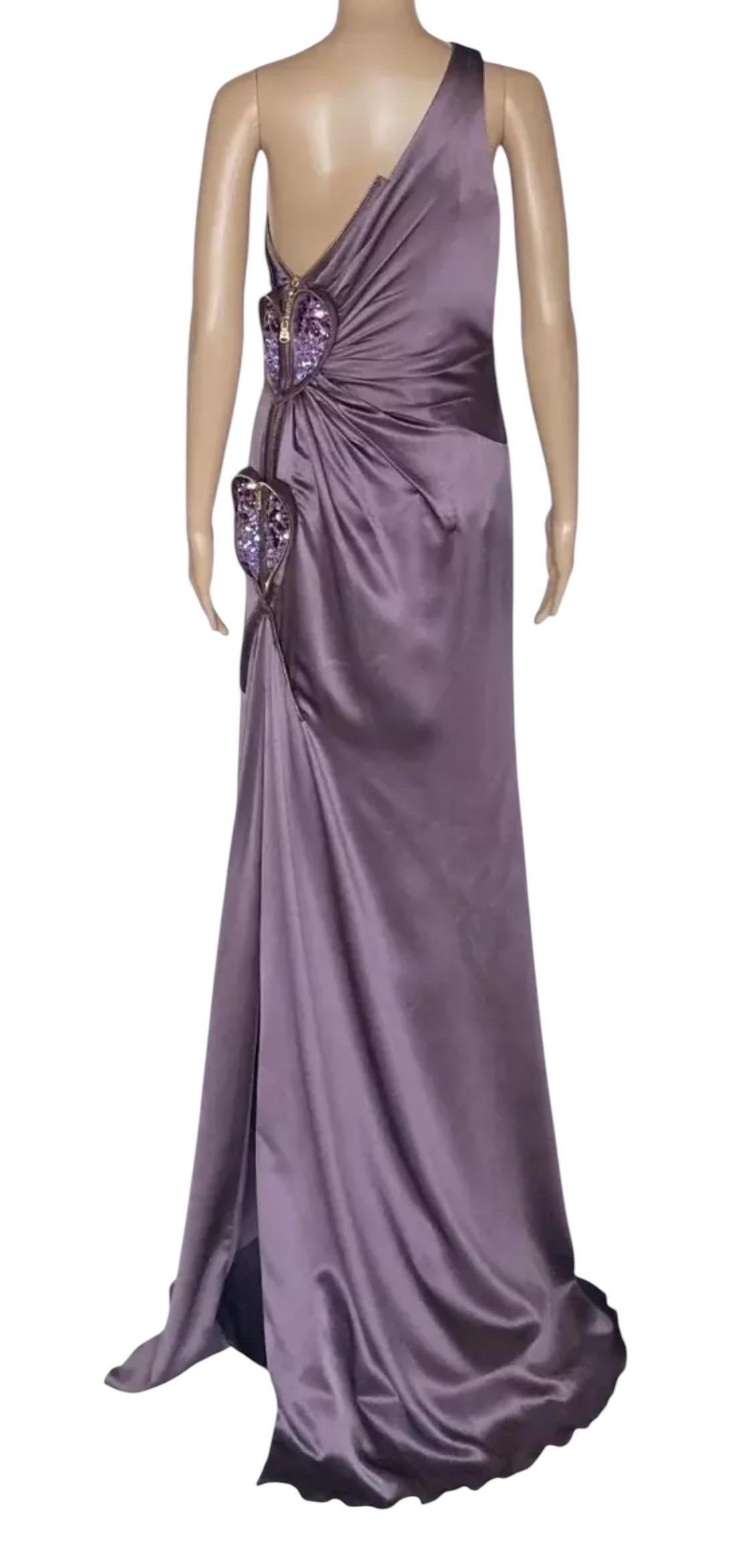 2009 Vintage Versace Abito lungo monospalla viola con cuori 46 - US 10 in vendita 2
