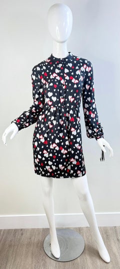NWT Saint Laurent 2016 Size 40 Heart Print Mini Dress Black Red White Silk YSL