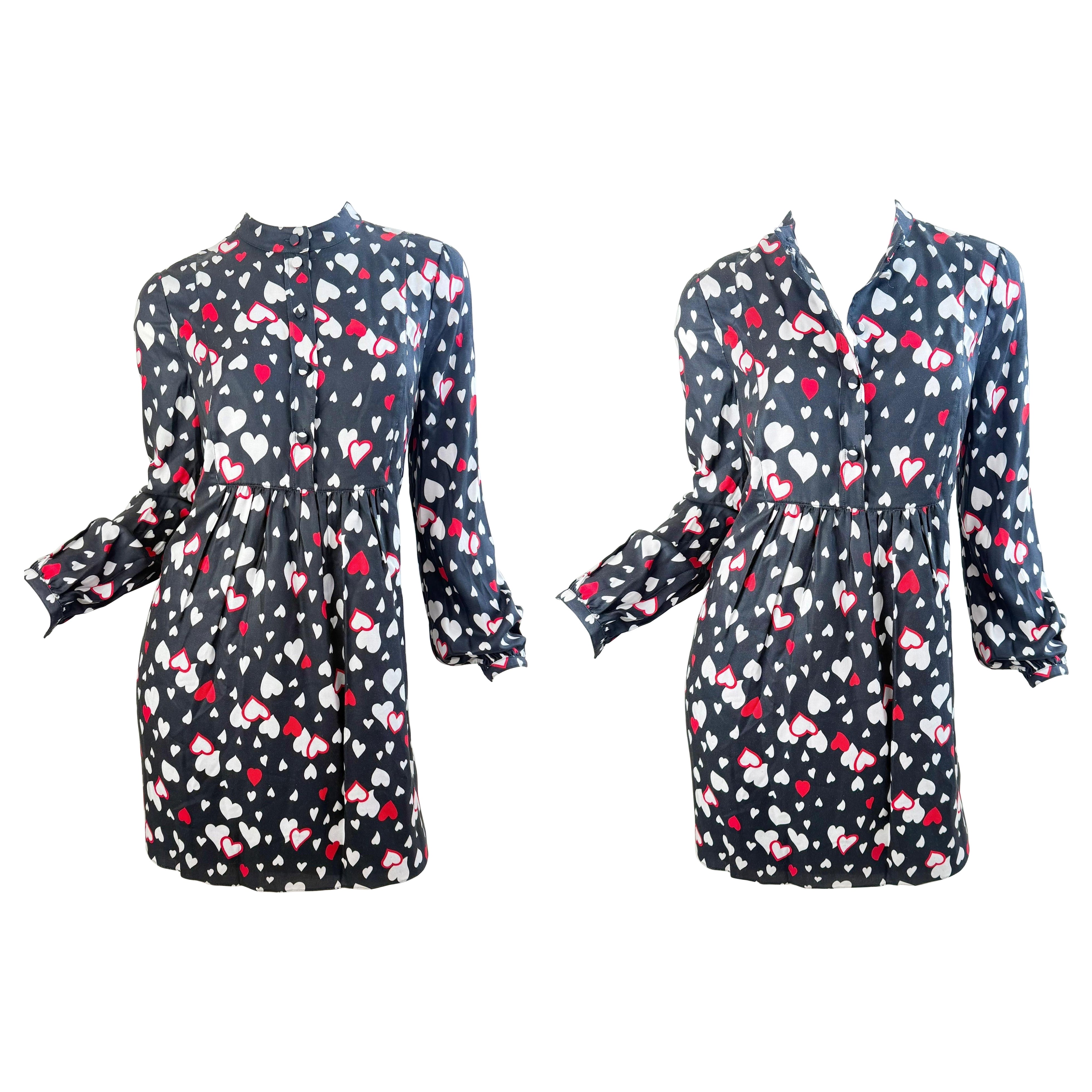 NWT Saint Laurent 2016 Size 40 Heart Print Mini Dress Black Red White Silk YSL