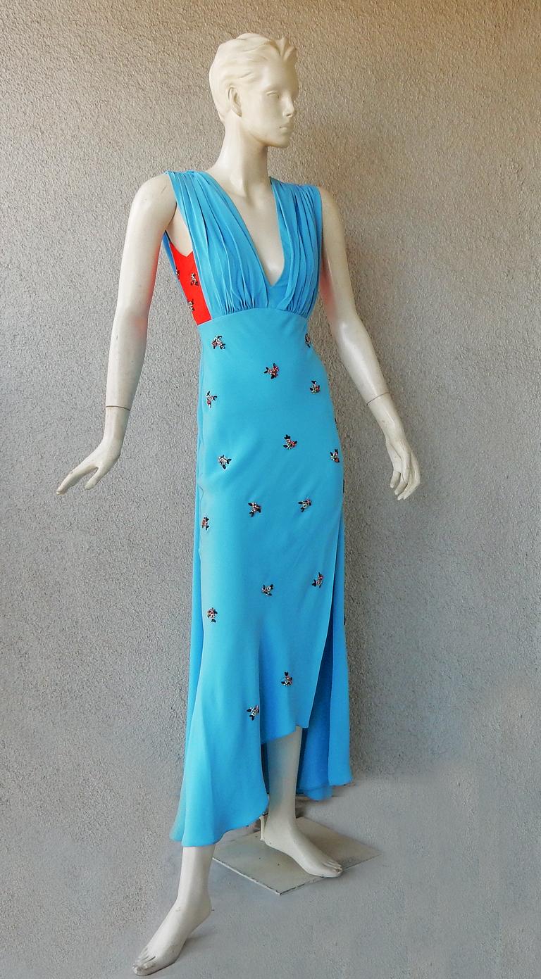 Blue NWT Schiaparelli Jeweled Flowers Silk Evening Dress For Sale