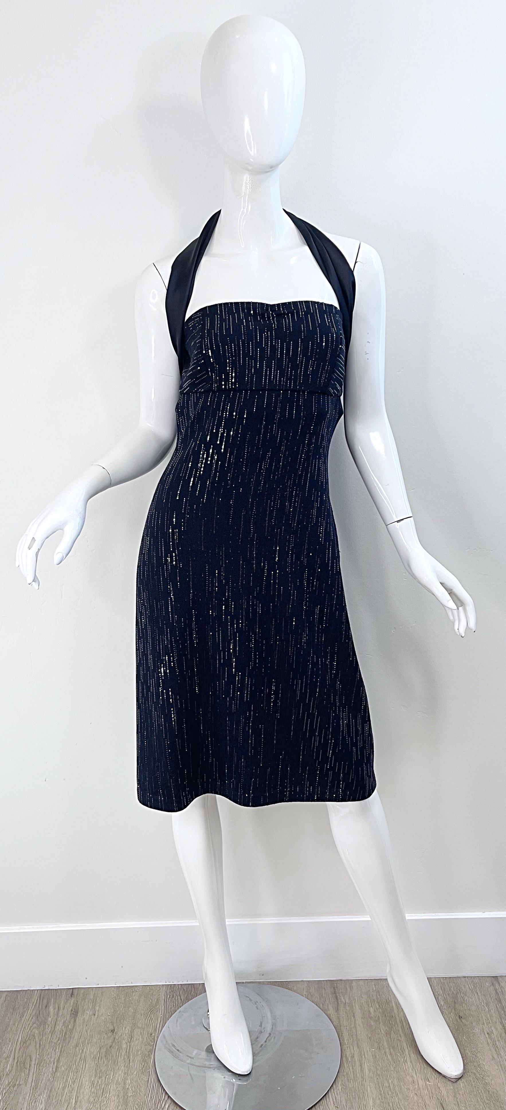 NWT St John Evening Size 6 Y2K Black Sequin Knit Vintage 2000s Halter Dress In New Condition For Sale In San Diego, CA