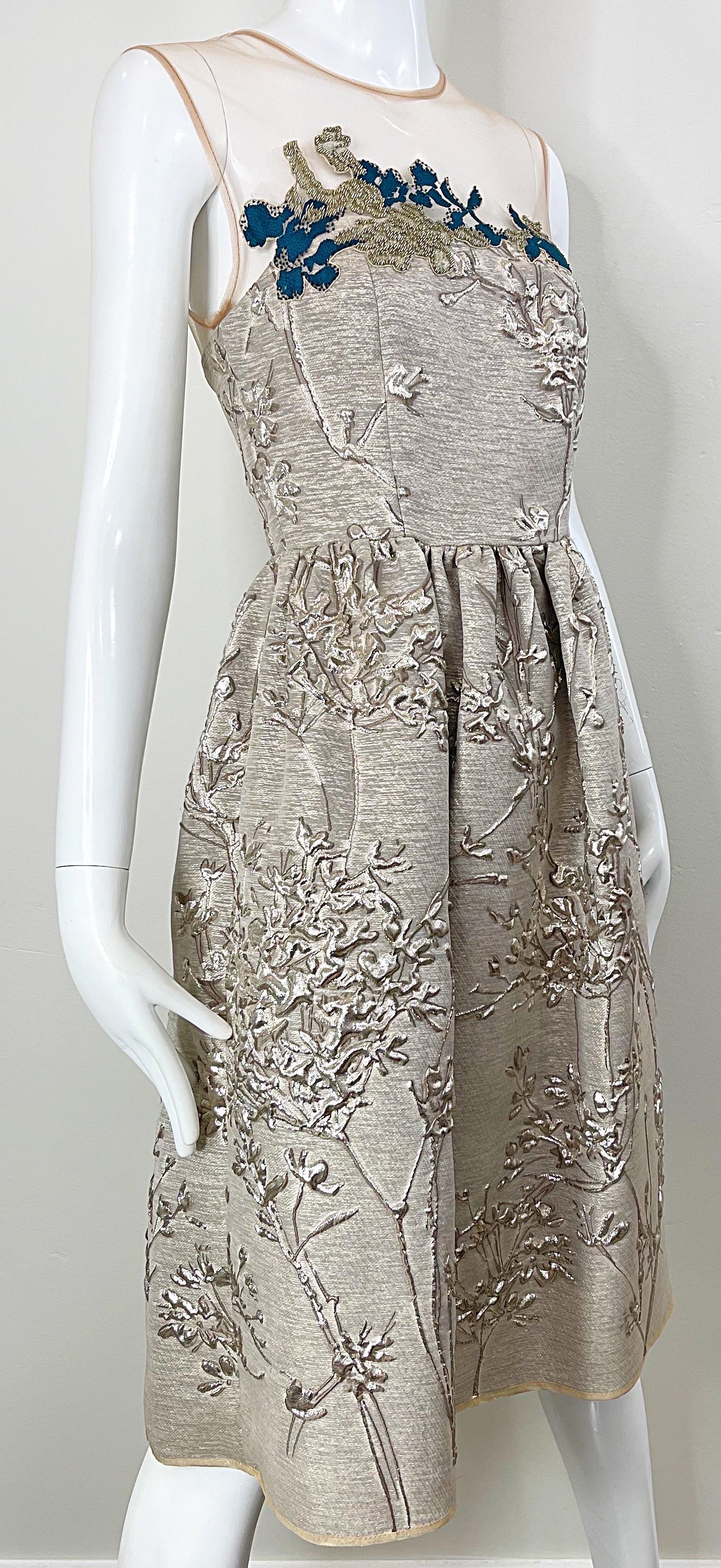 NWT Talbot Runhof Size 4 Gold Silk Beaded Embroidered Fit n Flare Cocktail Dress For Sale 4